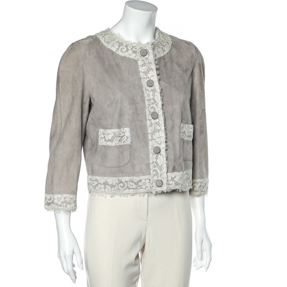 Dolce & Gabbana Beige Suede & Lace Trim Button Front Blouson Jacket M