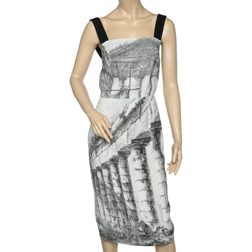 

Dolce & Gabbana Monochrome Temple Printed Crepe Sleeveless Midi Dress, White