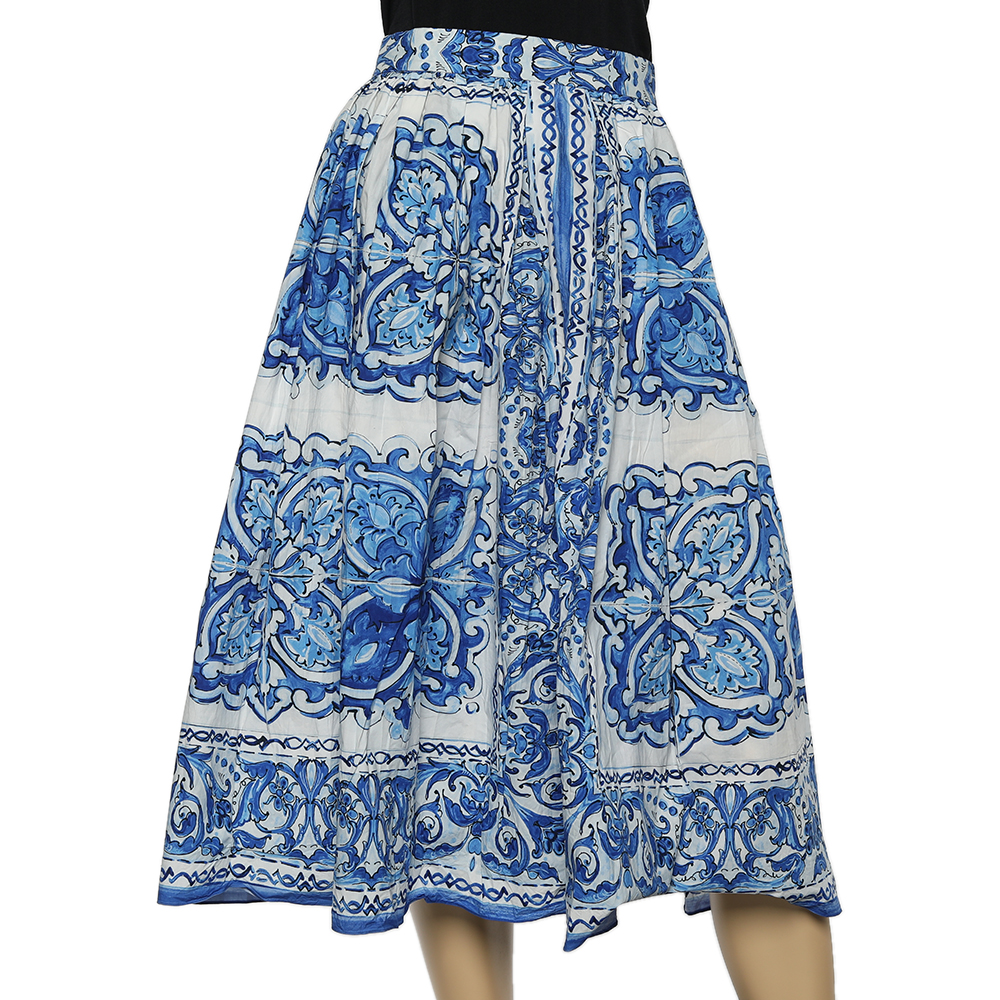

Dolce and Gabbana Blue Tile Printed Cotton Gathered Midi Skirt