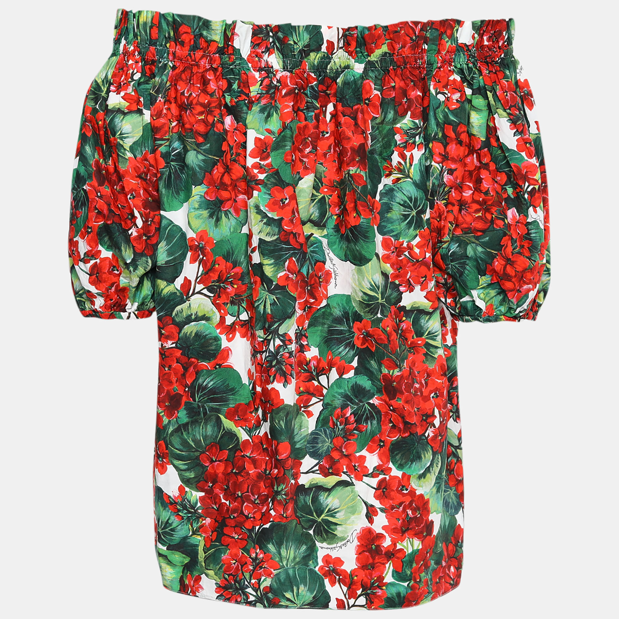 

Dolce & Gabbana Red Floral Print Poplin Off Shoulder Blouse