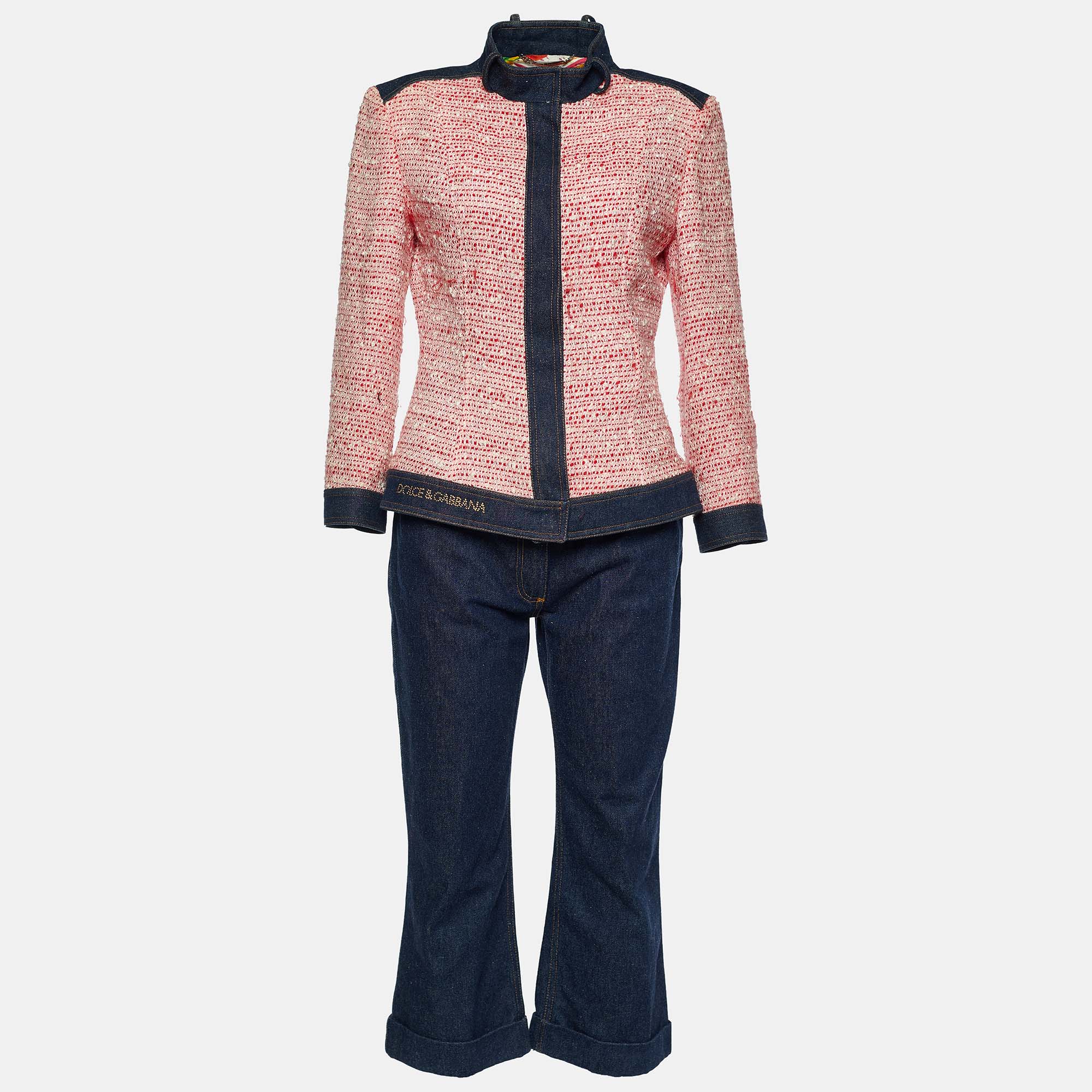 Dolce & Gabbana Vintage Red Tweed Denim Jacket and Jeans Set M