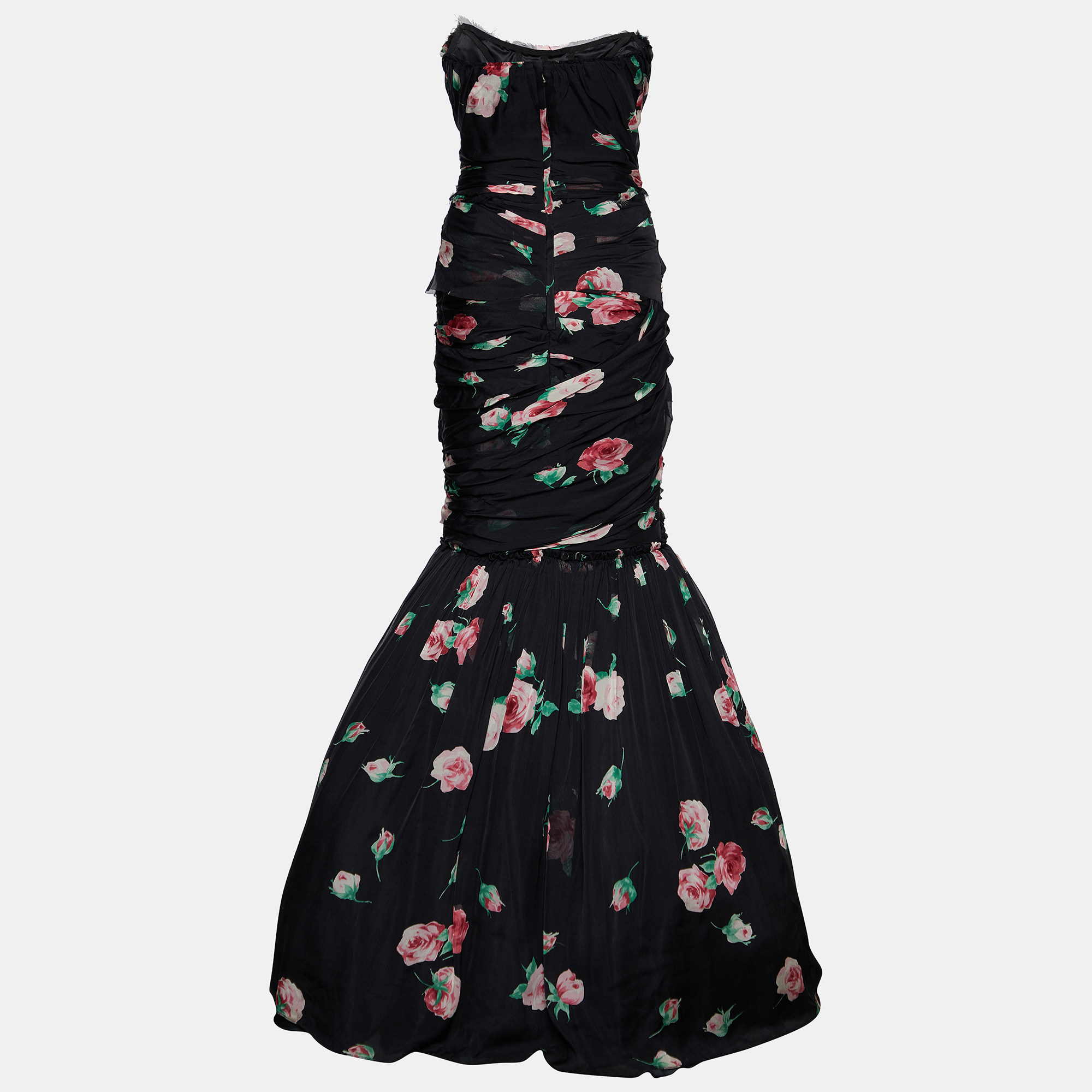 

Dolce & Gabbana Black Rose Printed Silk Ruched Strapless Gown