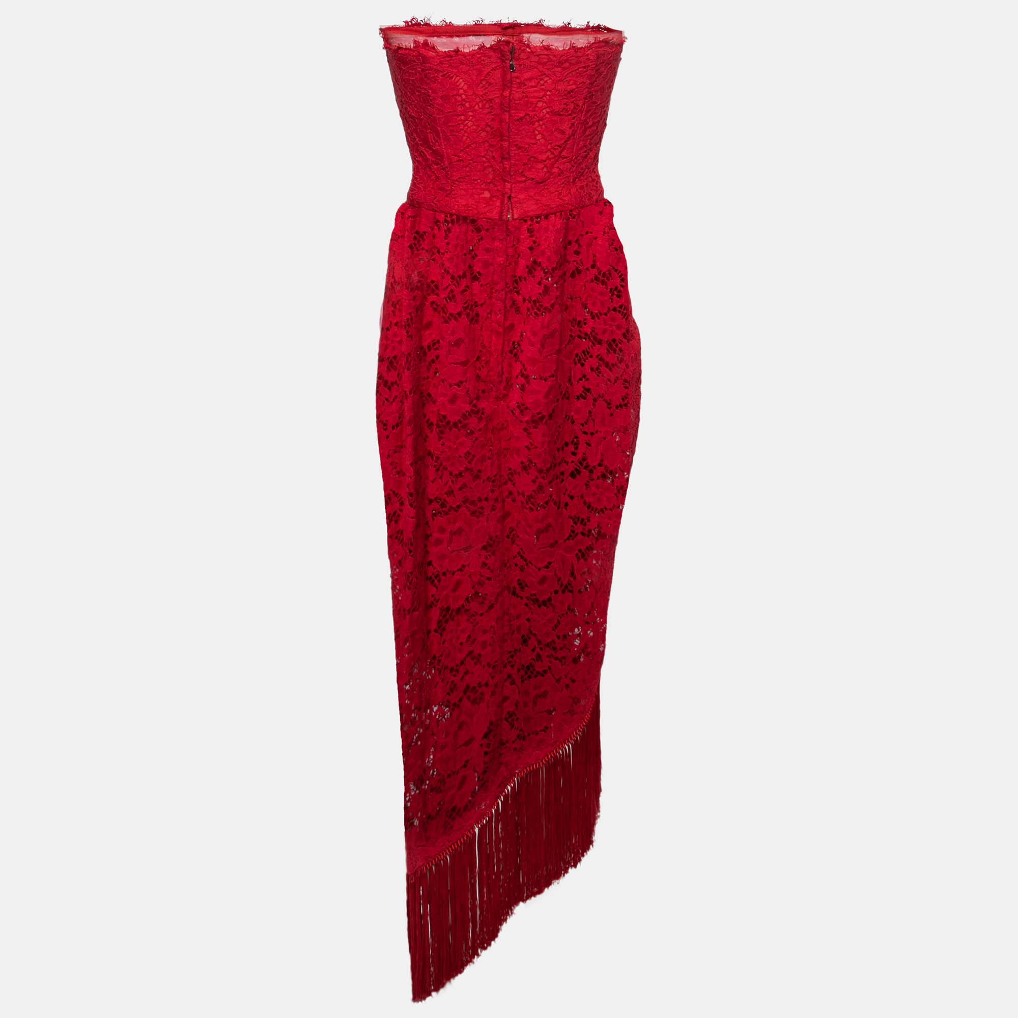 

Dolce & Gabbana Red lace Draped Fringe Trimmed Strapless Dress