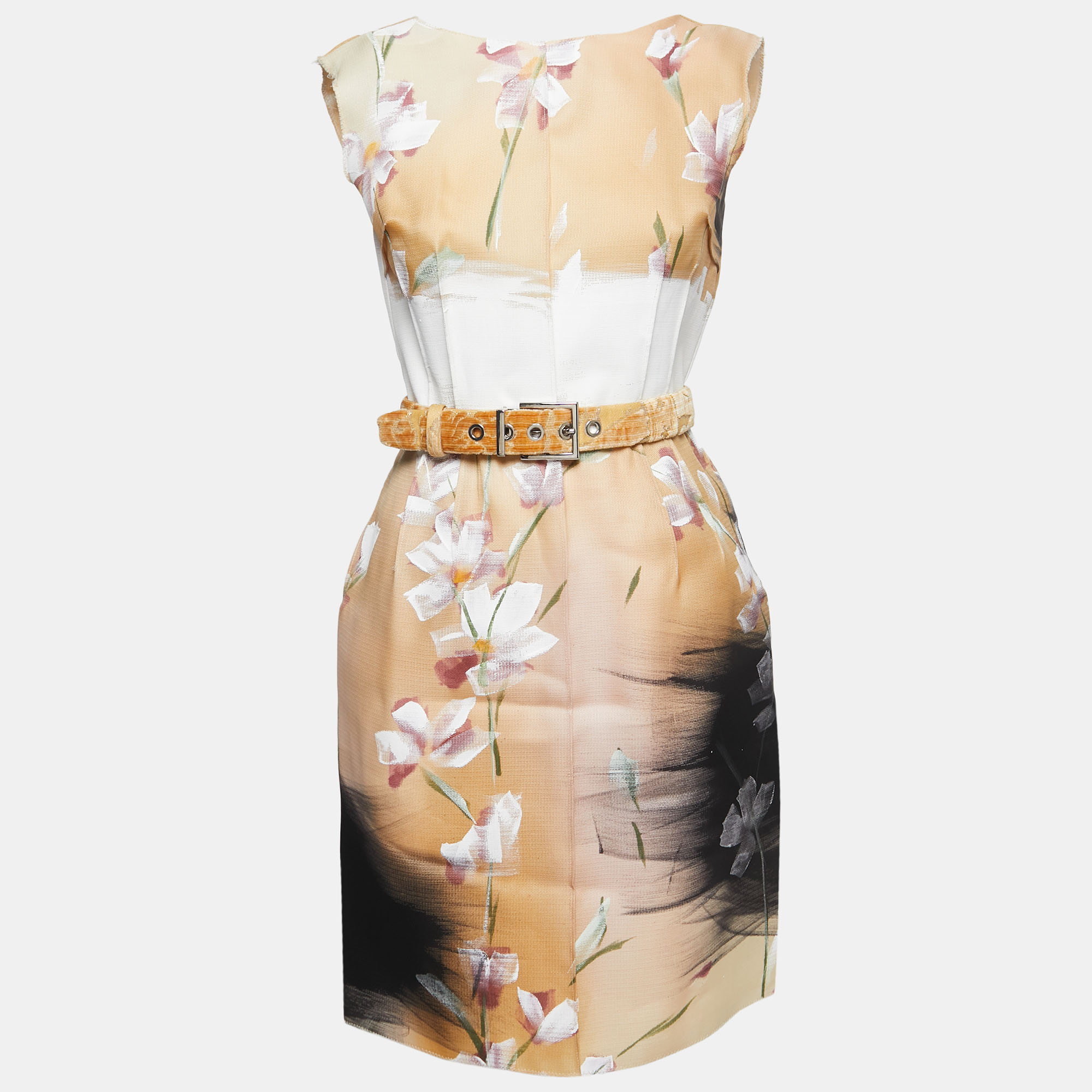 Dolce & gabbana beige floral hand painted canvas limited edition midi dress m