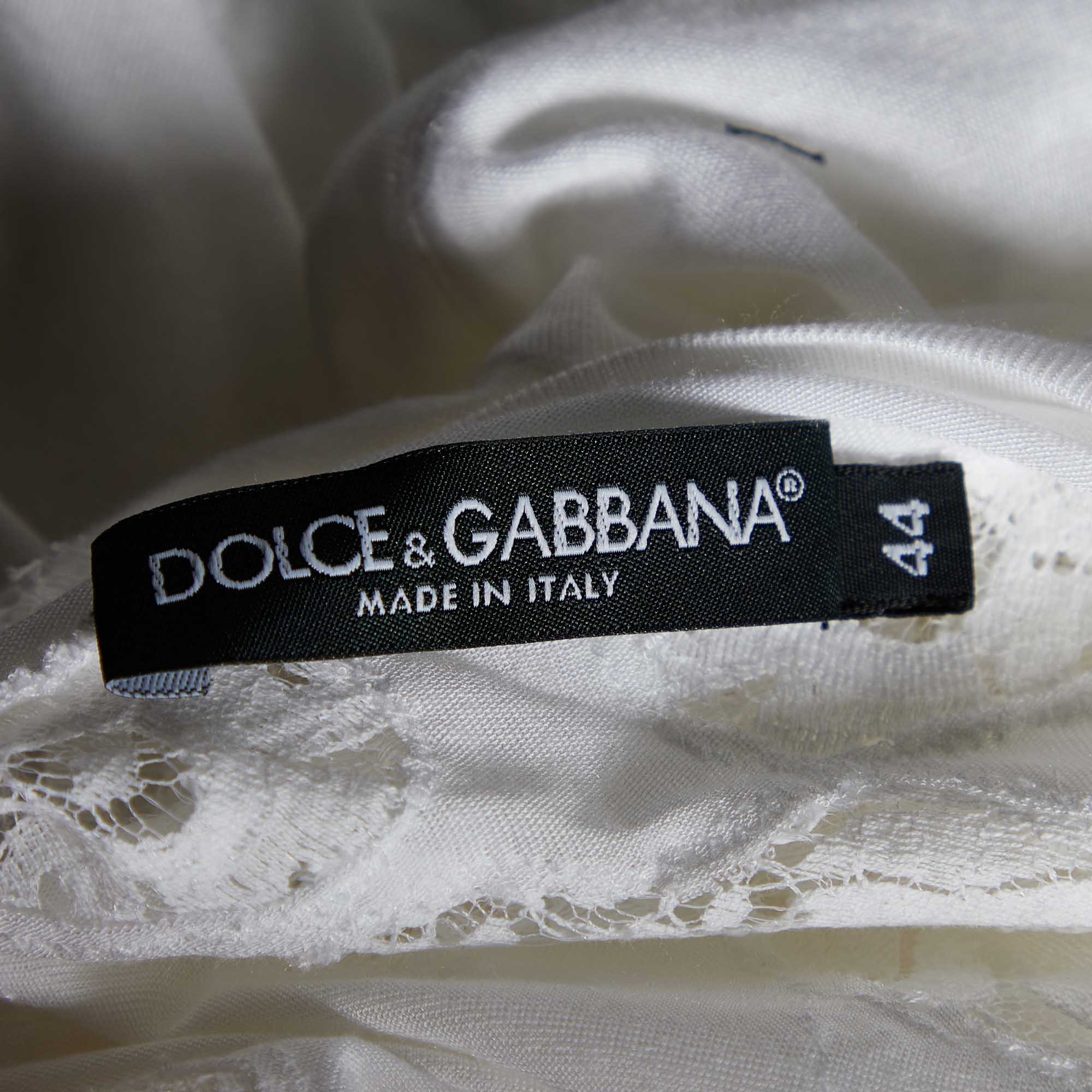 Dolce & Gabbana White Modal Knit Lace Trim T-Shirt M
