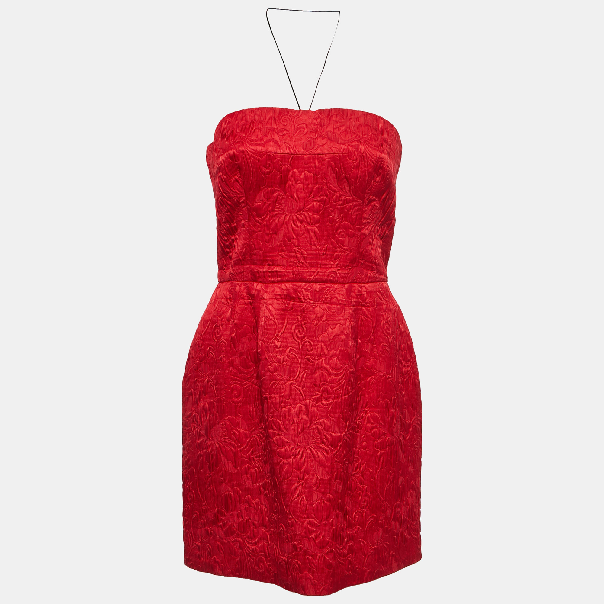 Dolce & Gabbana Red Jacquard Silk Blend Corset Detail Strapless Mini Dress M
