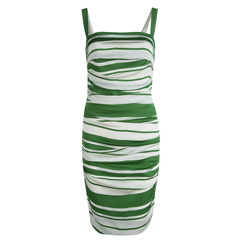 Image of Dolce & Gabbana Green and White Striped Silk Ruched Sleeveless Dress M
