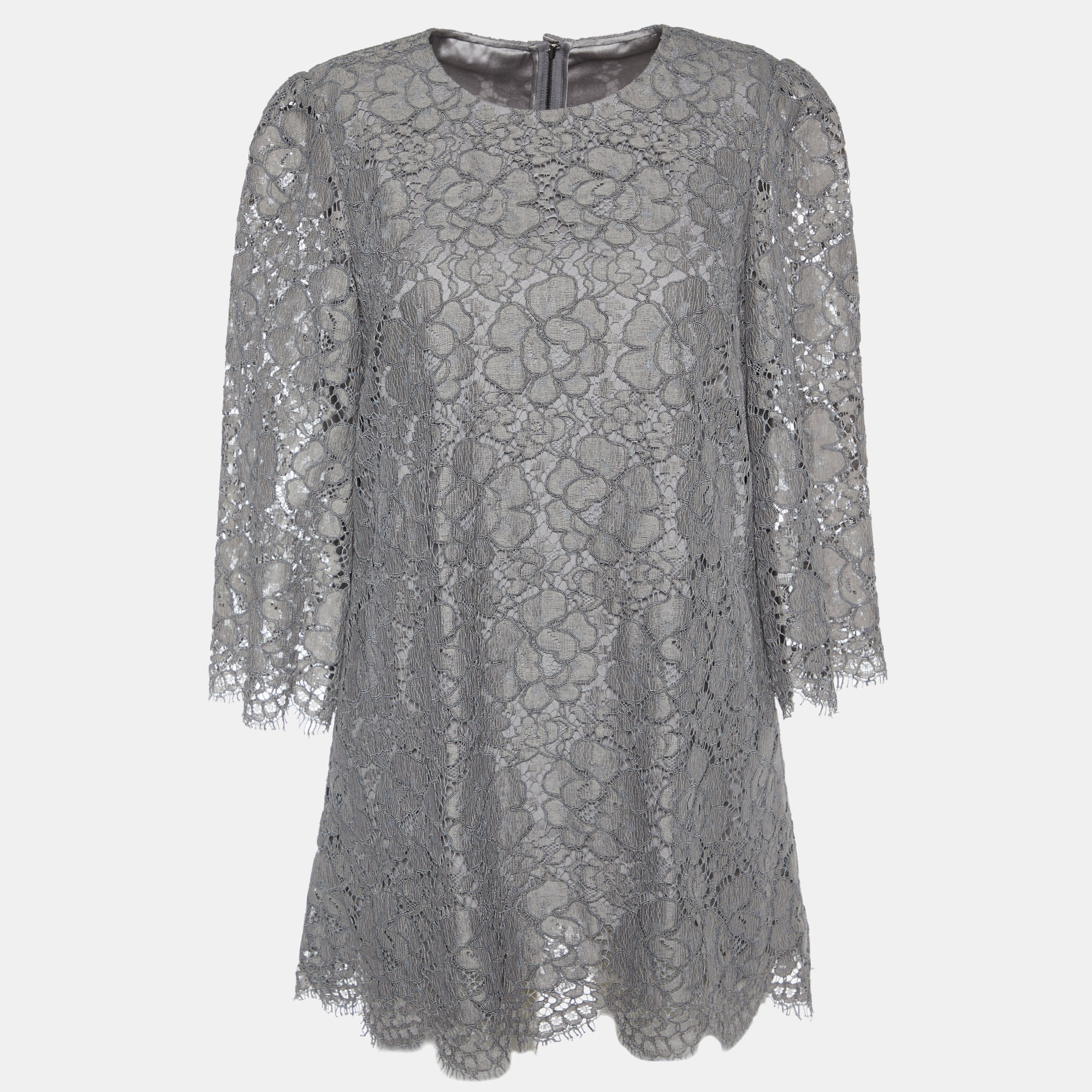 Dolce & Gabbana Grey Floral Corded Lace Three Quarter Sleeve Top M
