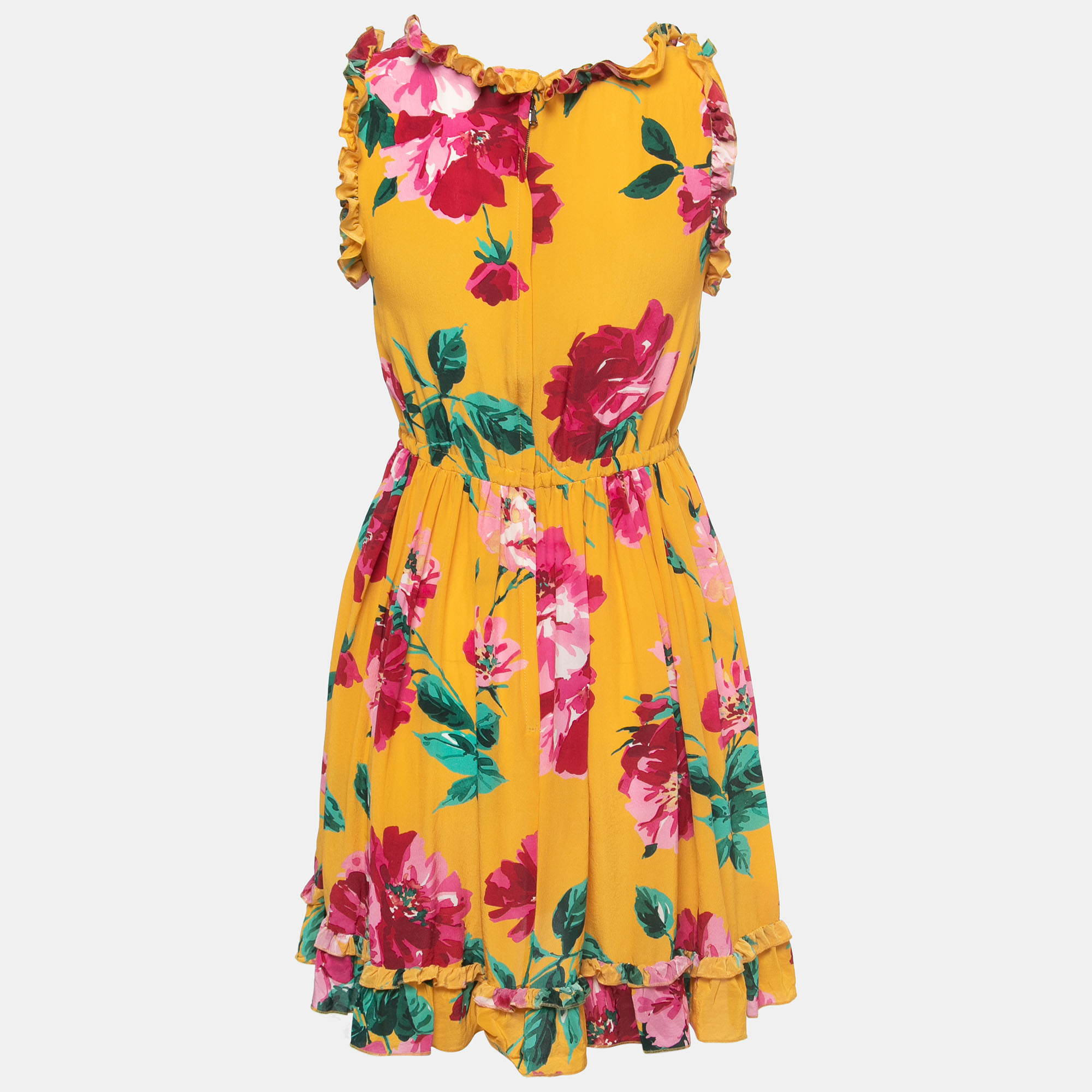 

Dolce & Gabbana Yellow Floral Print Silk Sleeveless Gathered Mini Dress