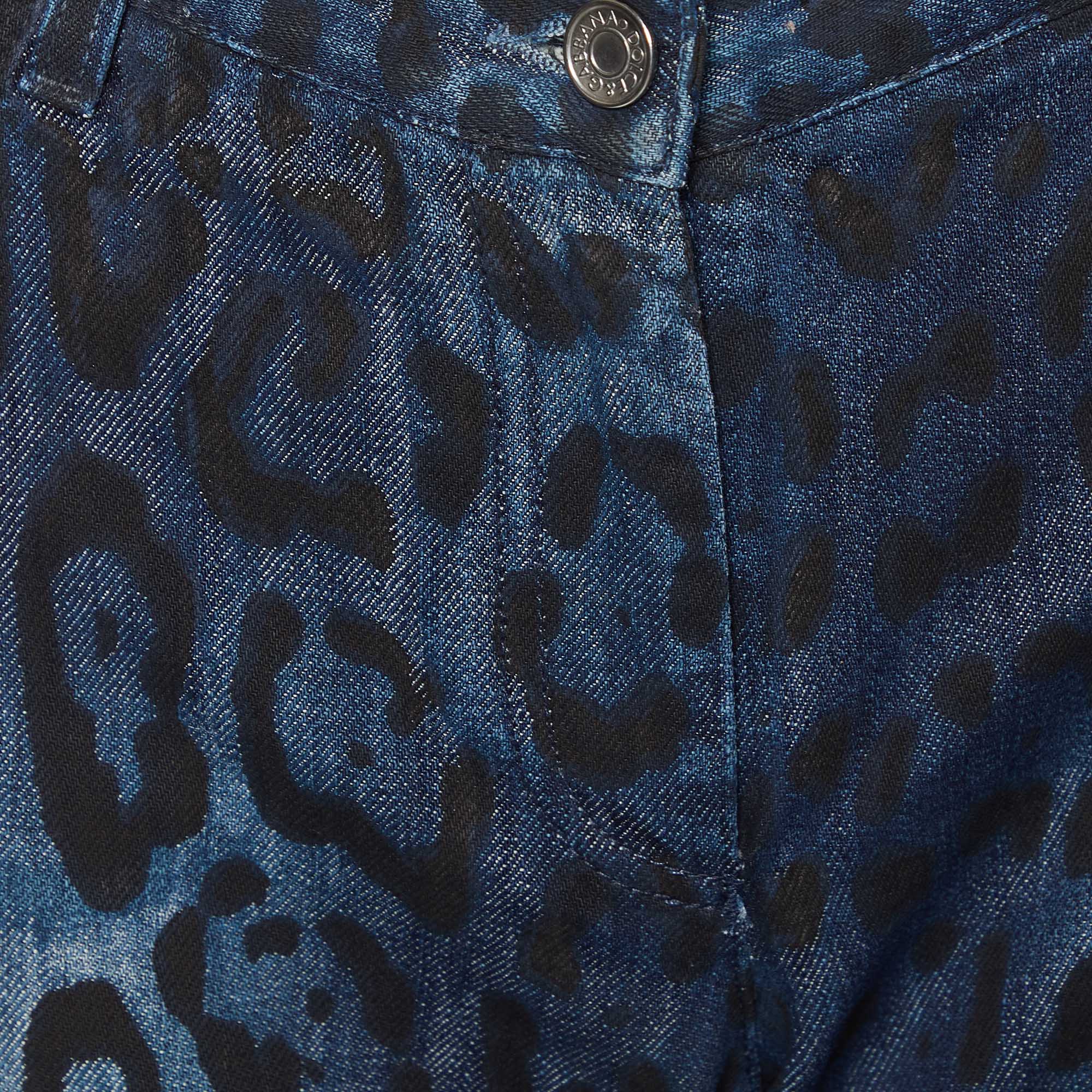 Dolce & Gabbana Navy Blue Animal Printed Denim Straight Leg Jeans L