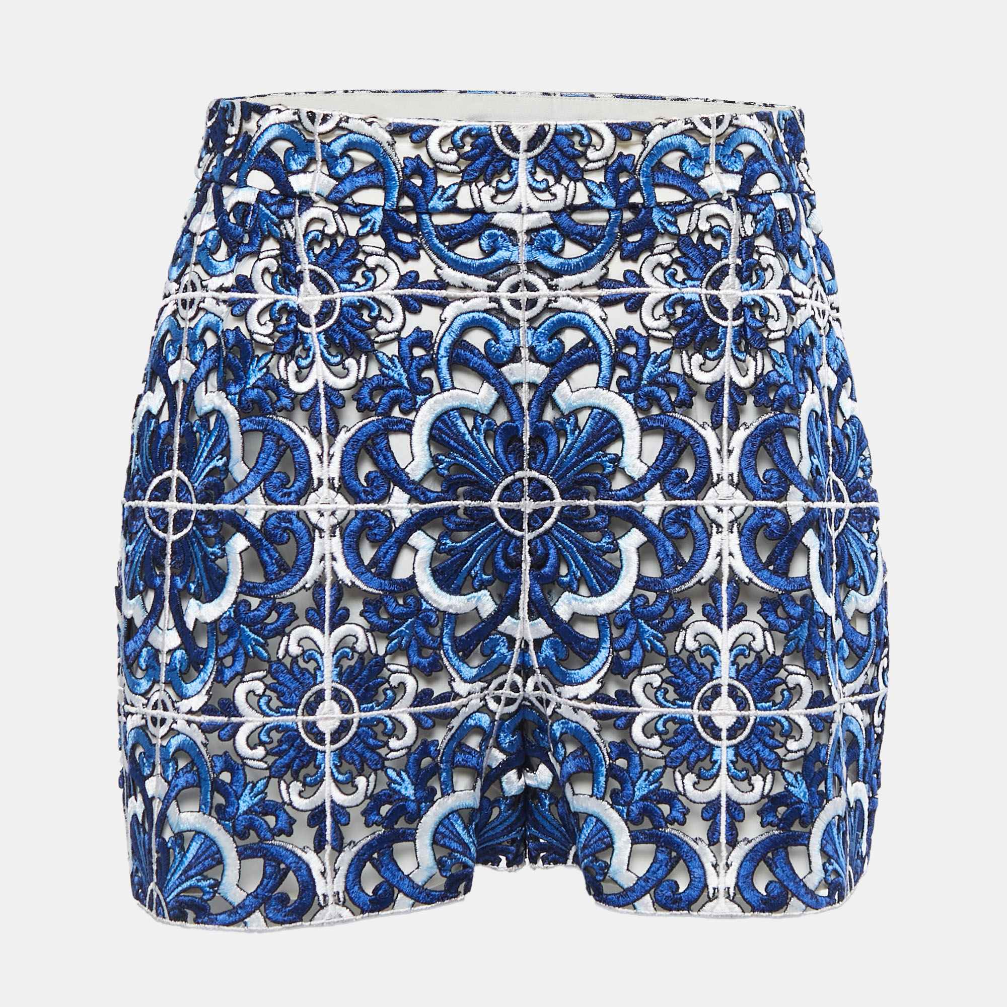 Dolce & Gabbana Blue Guipure Lace High Waist Mini Shorts S