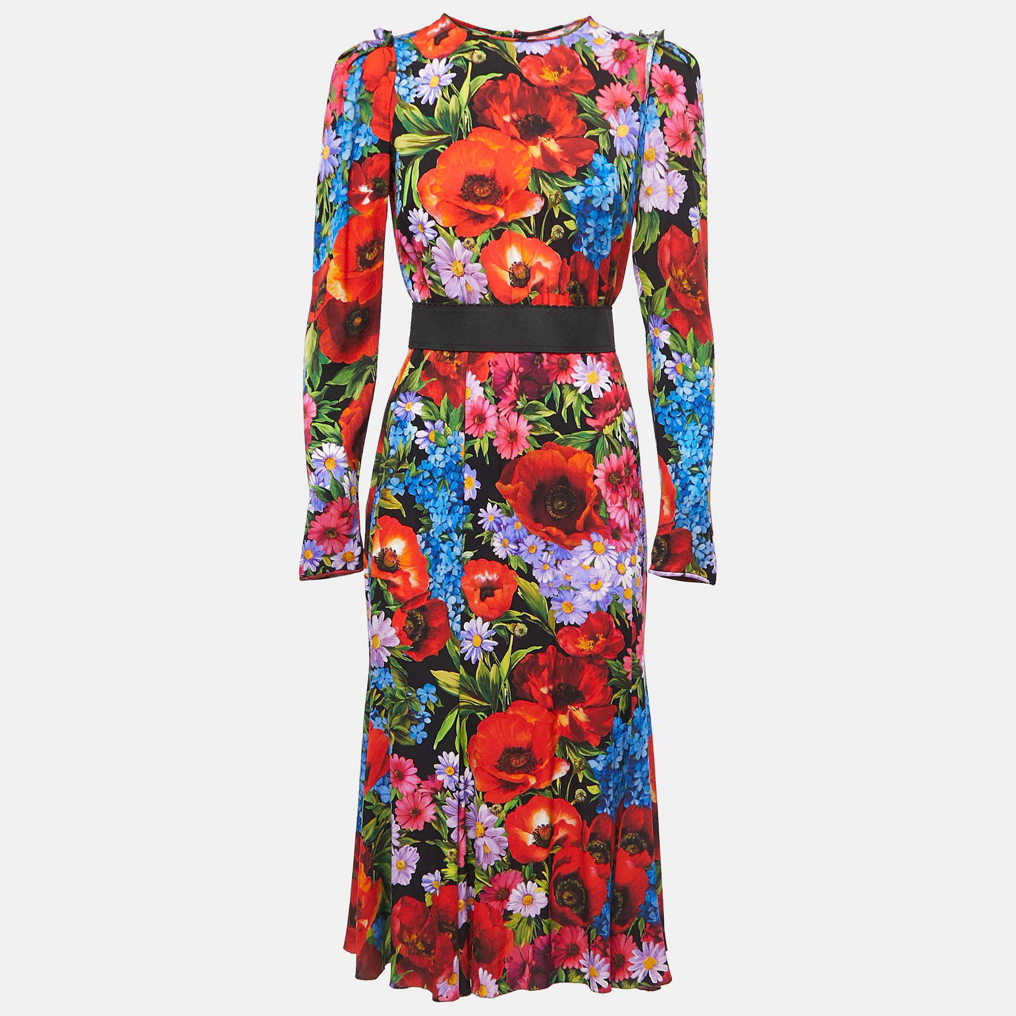 Dolce & gabbana black/multicolor floral printed stretch silk midi dress m