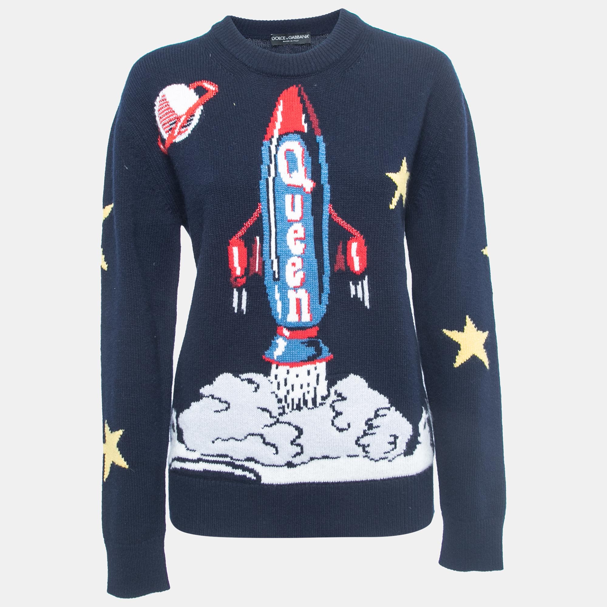 Dolce & Gabbana Navy Blue Spaceship Patterned Wool Sweater S