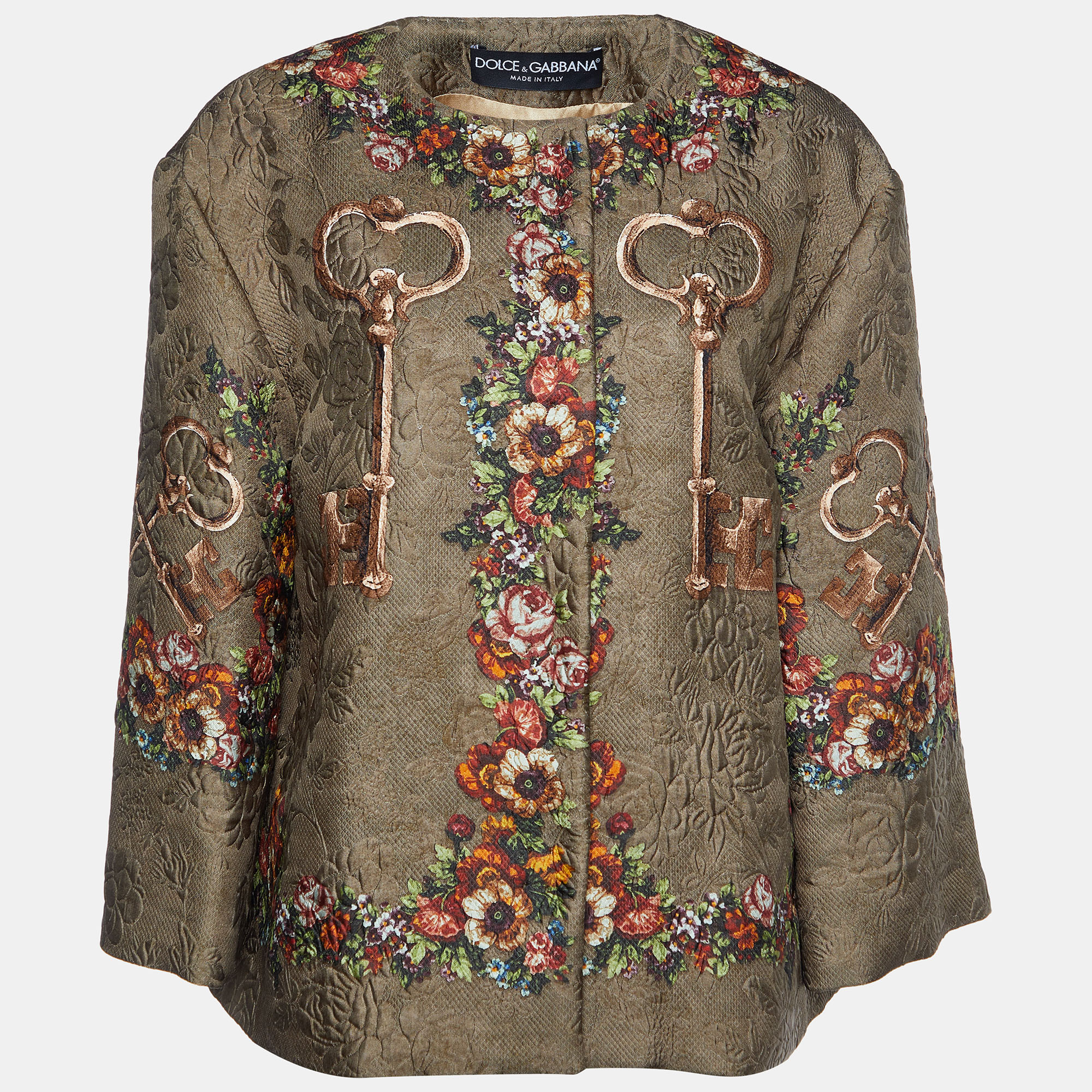 Dolce & Gabbana Olive Green Rose & Key Printed Jacquard Button Front Jacket L