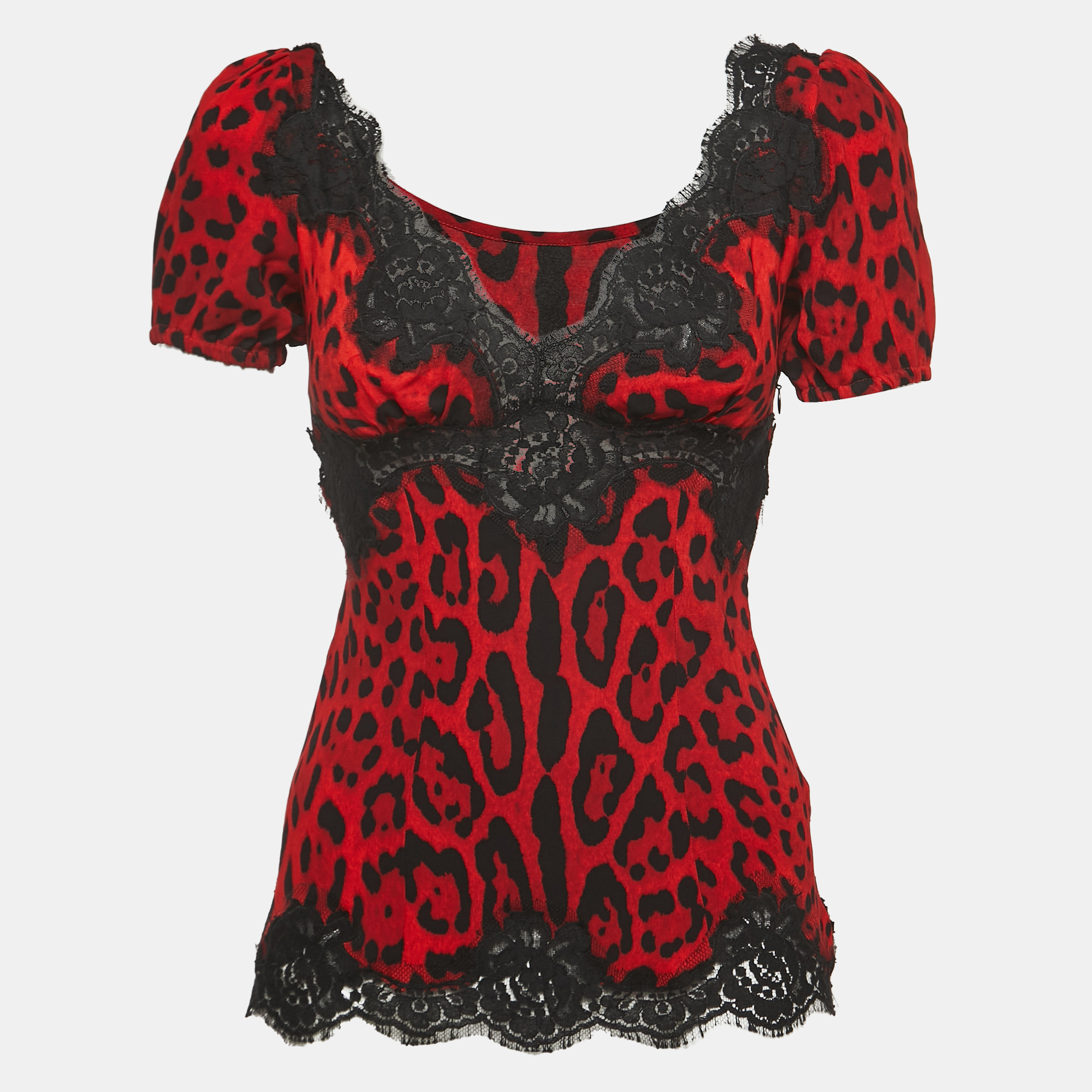 Dolce & Gabbana Red Leopard Print Silk Lace Trimmed Top XS