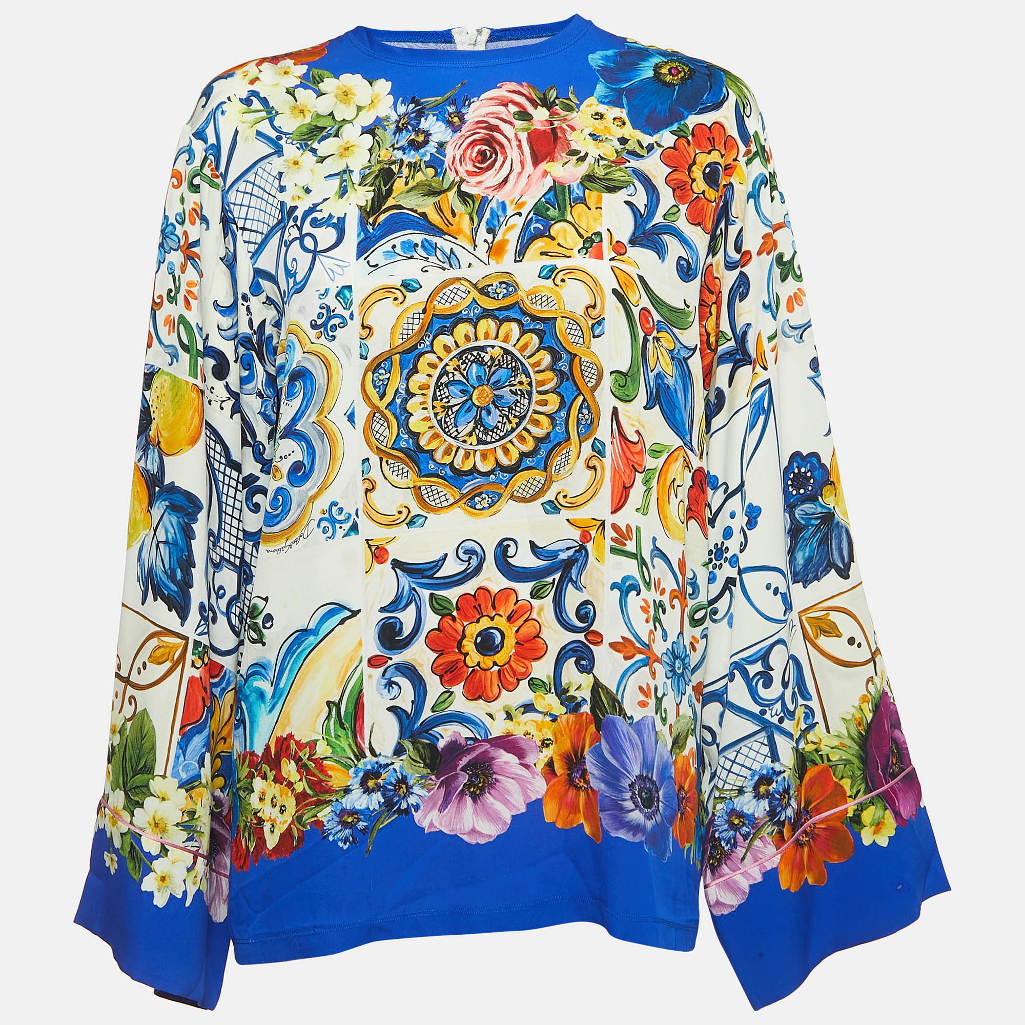 Dolce & Gabbana Multicolor Majolica Print Silk Long Sleeve Blouse S