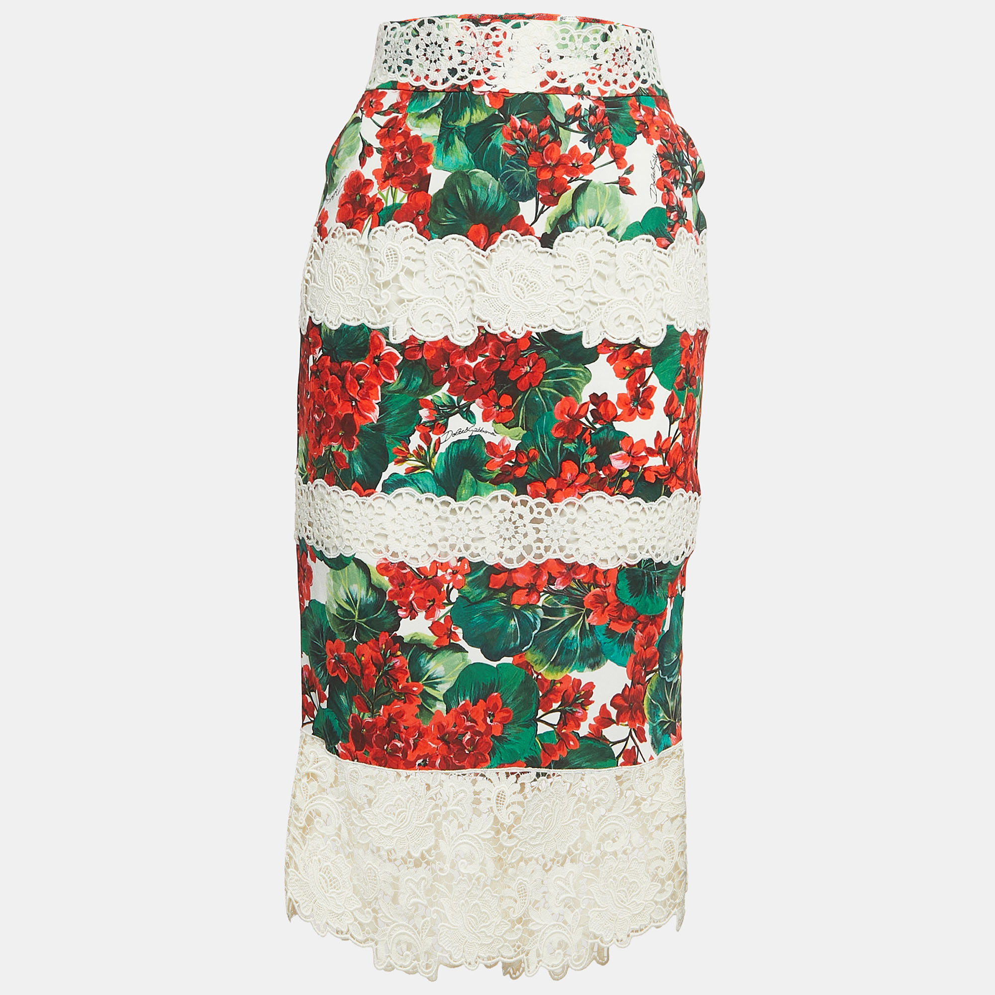 Dolce & Gabbana Off White Floral Print Crepe Lace Trimmed Midi Skirt S