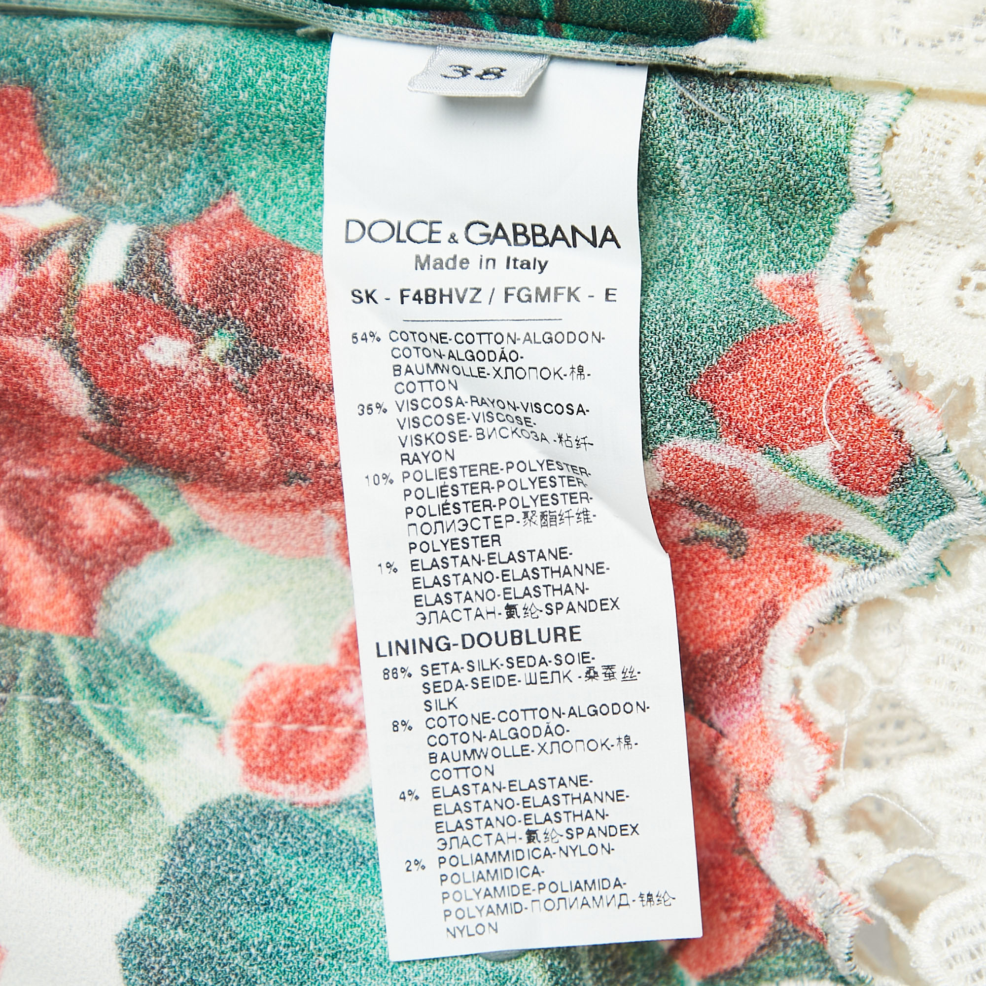 Dolce & Gabbana Off White Floral Print Crepe Lace Trimmed Midi Skirt S