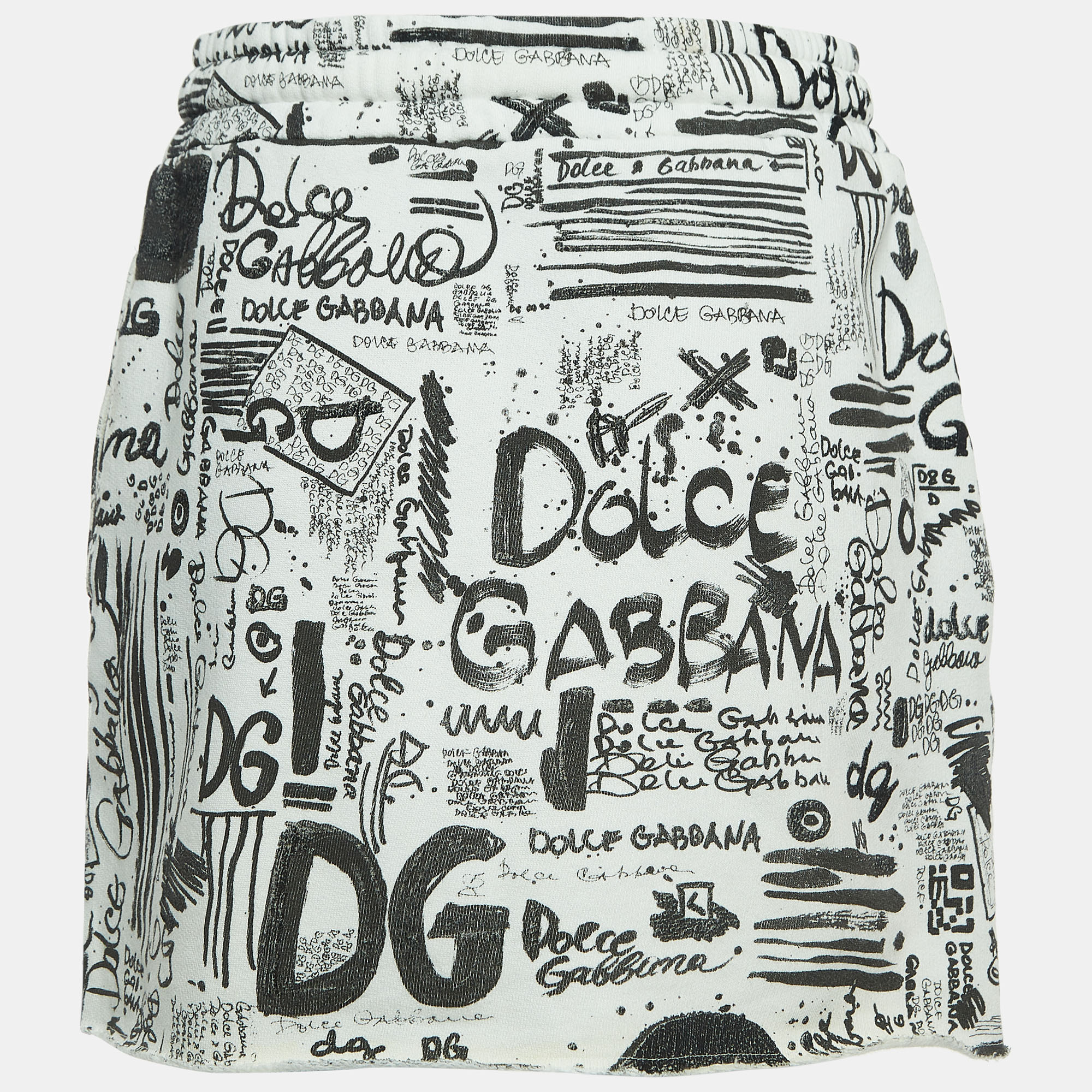 Dolce & Gabbana White Graffiti Print Cotton Drawstring Mini Skirt M