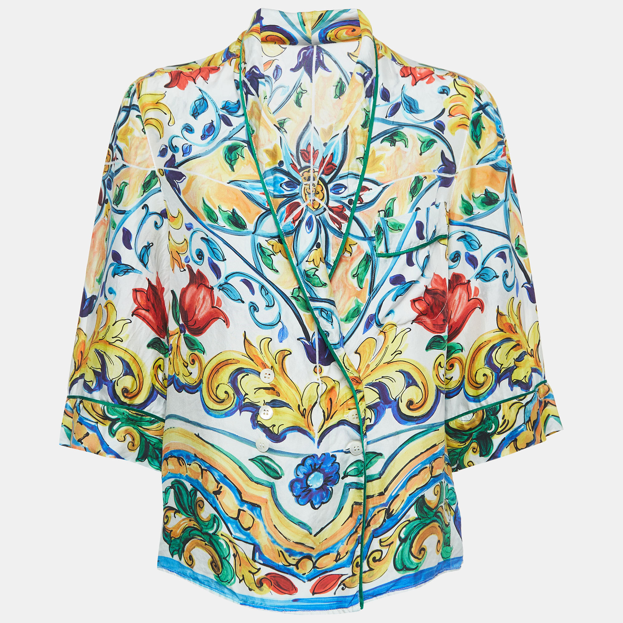 Dolce & Gabbana Multicolor Majolica Print Silk Double Breasted Blouse S