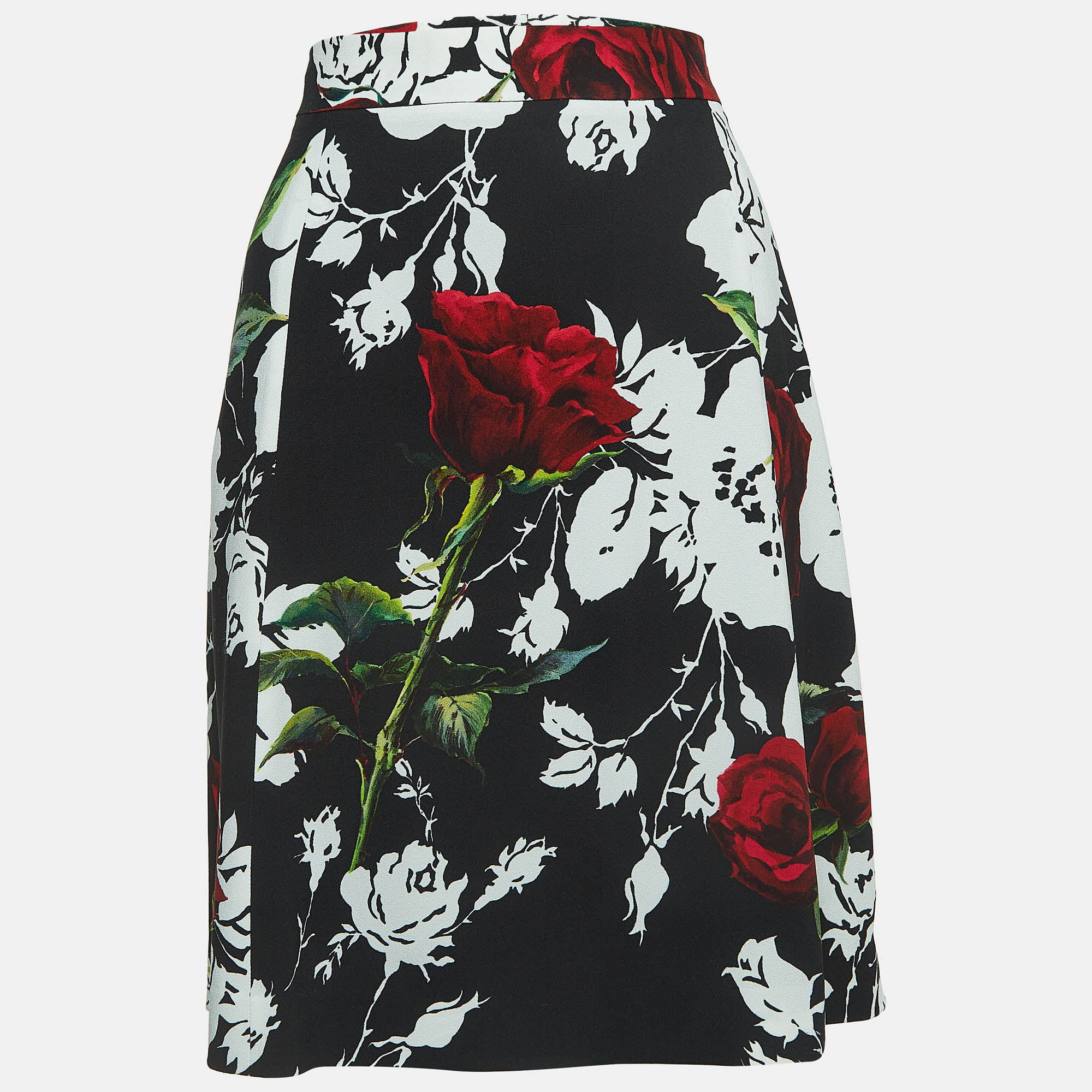 Dolce & Gabbana Black Floral Print Crepe A-Line Skirt L