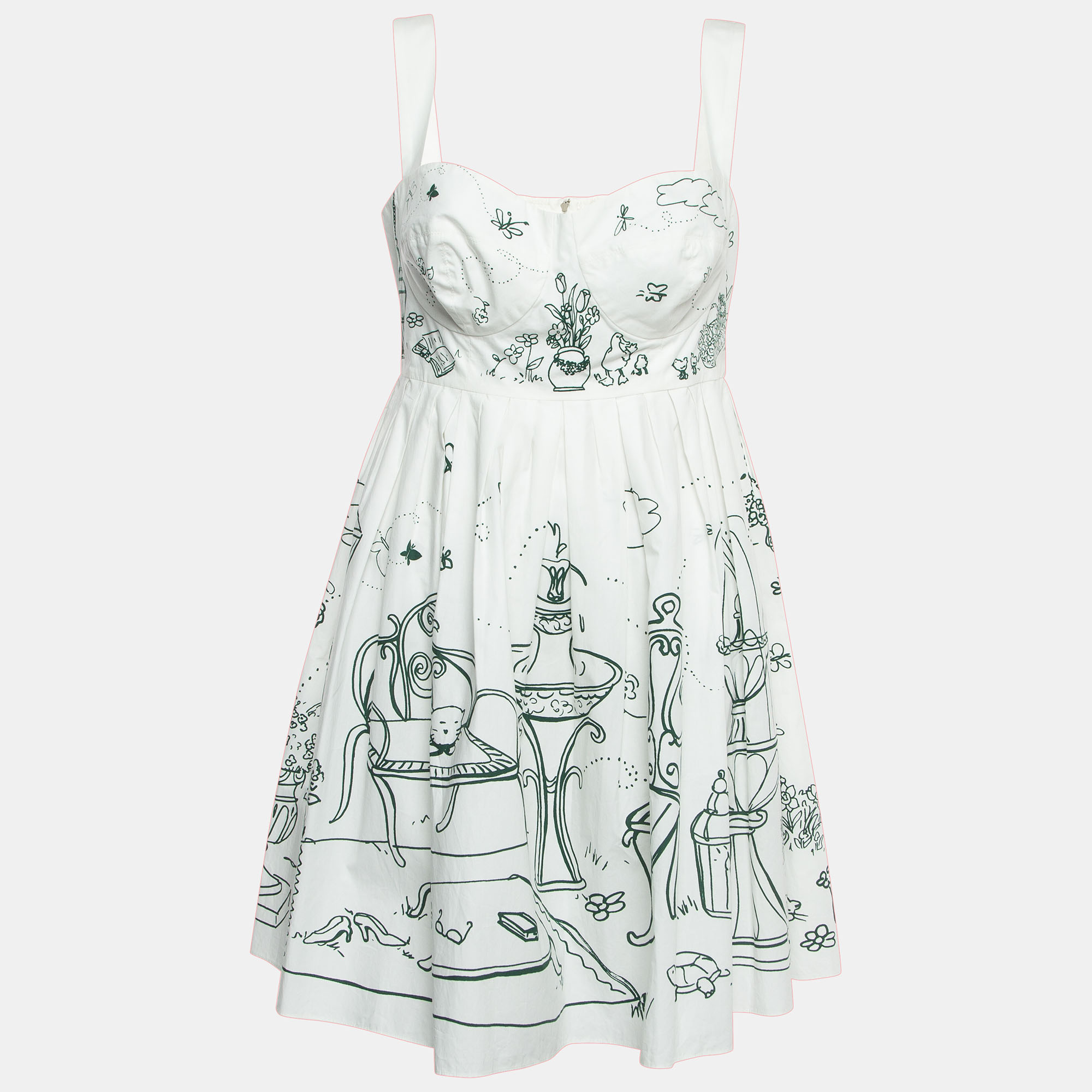 Dolce & Gabbana White/Green Printed Cotton Mini Dress L
