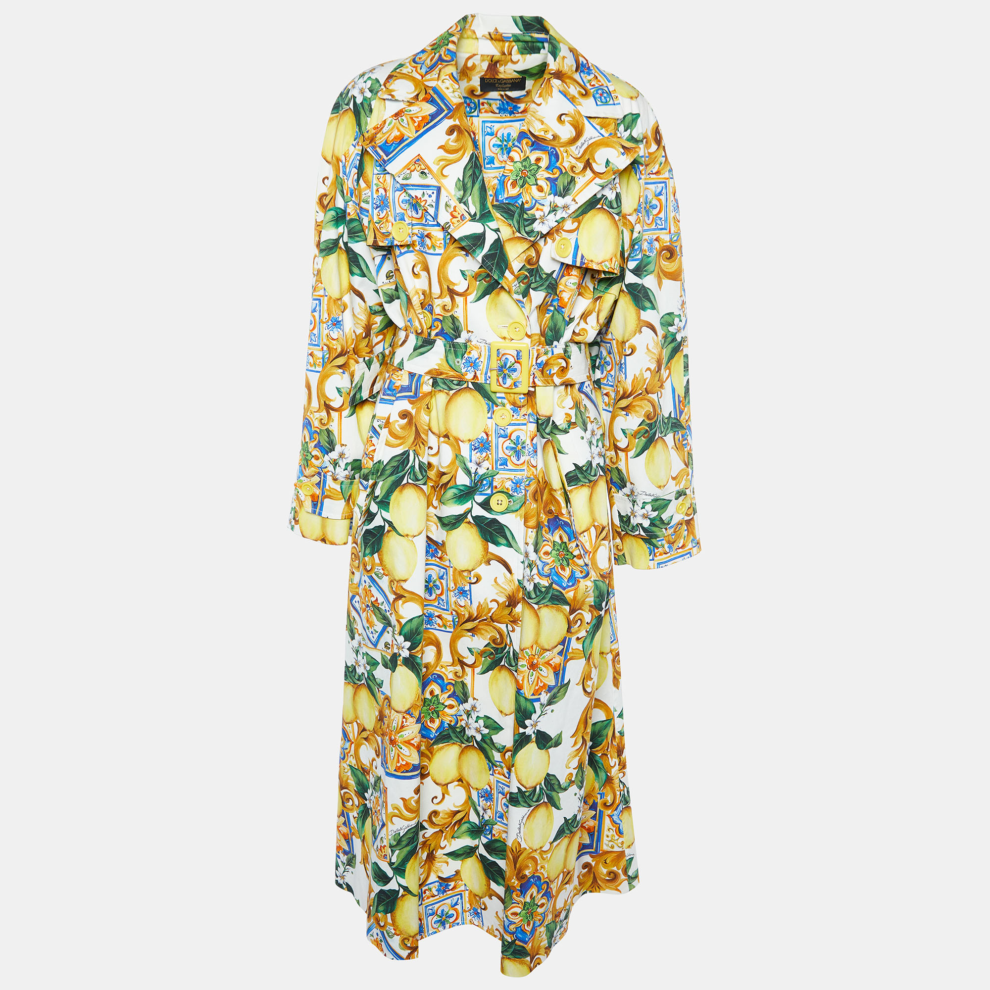 Dolce & Gabbana Yellow/White Limoni Print Cotton Double Breasted Coat M