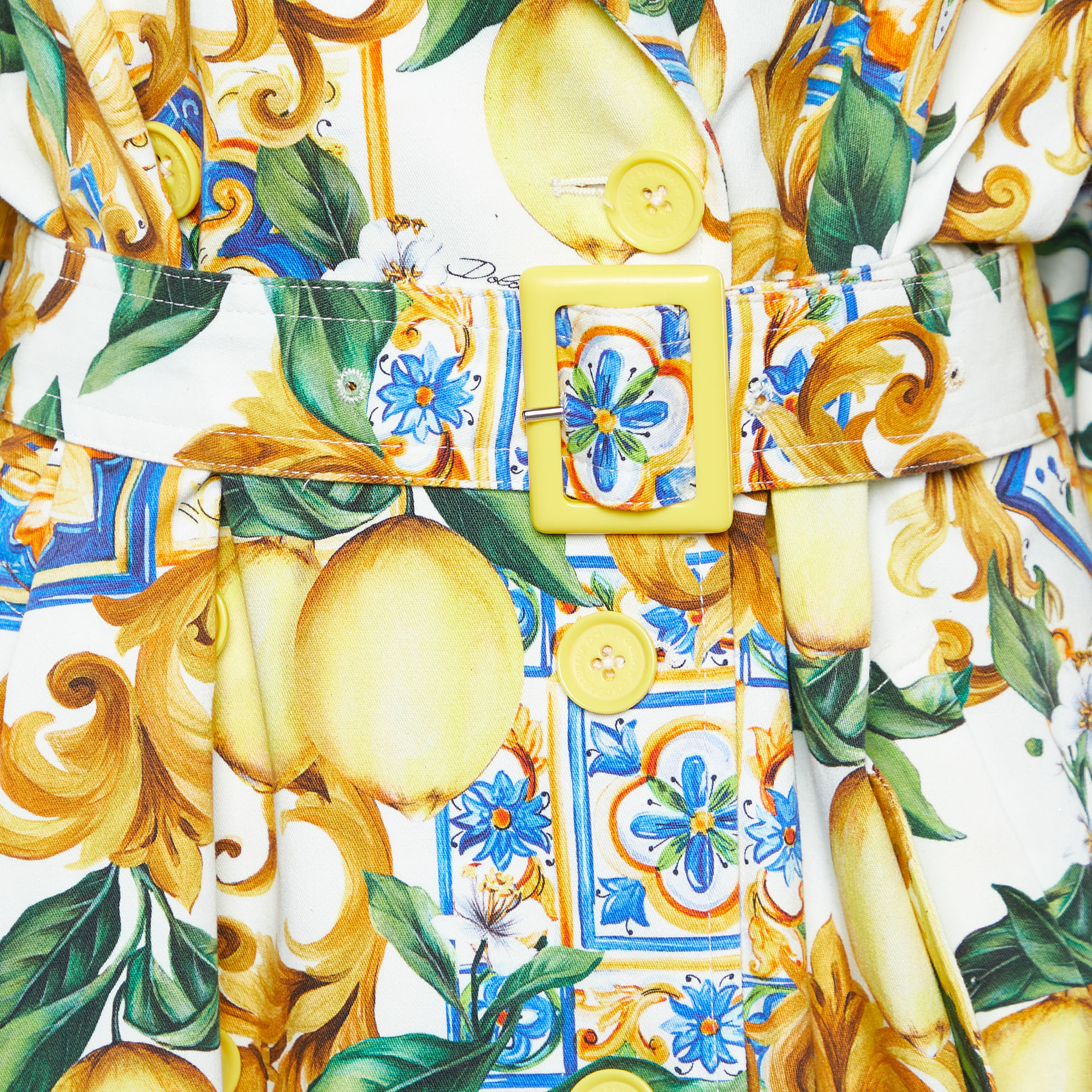 Dolce & Gabbana Yellow/White Limoni Print Cotton Double Breasted Coat M