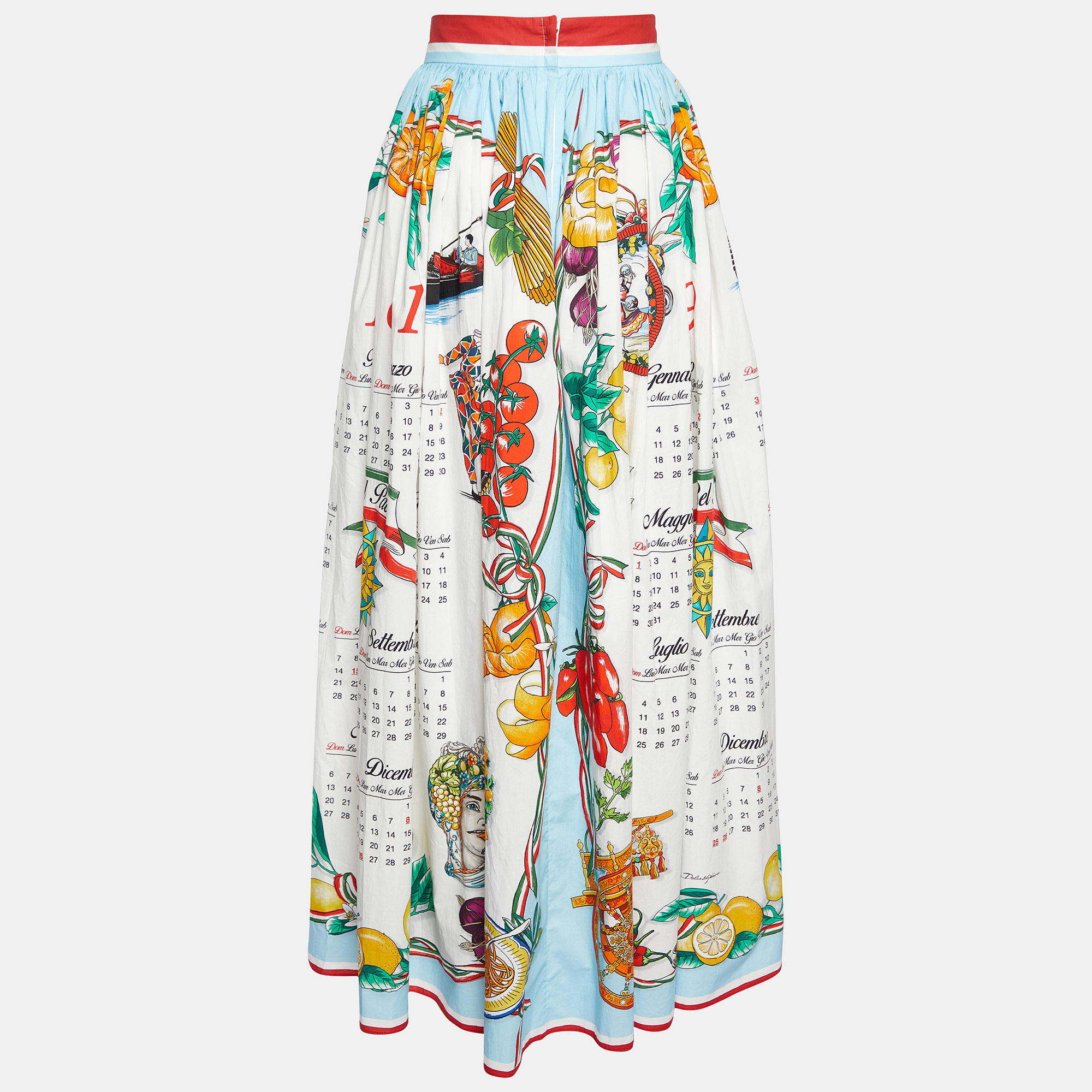 

Dolce & Gabbana White Calendar Print Cotton Gathered Maxi Skirt