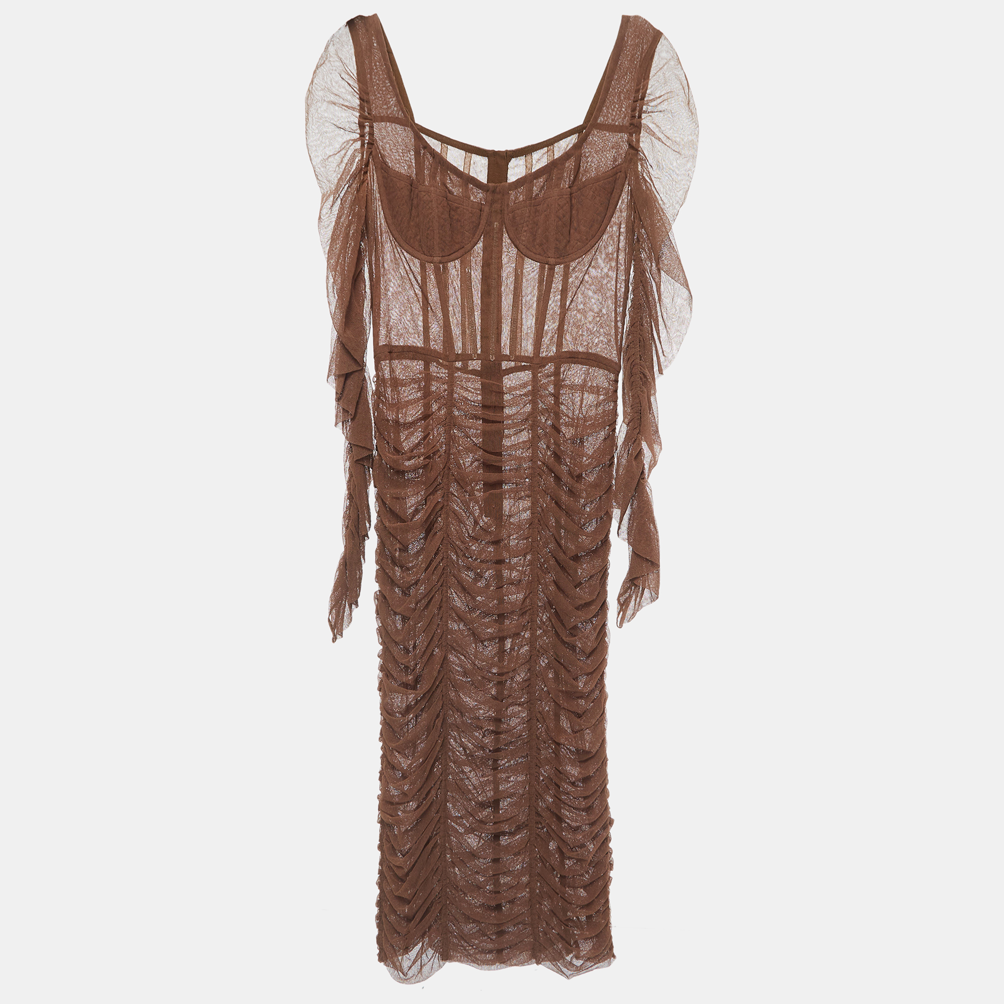 Dolce & Gabbana Brown Tulle Ruched Long Dress L