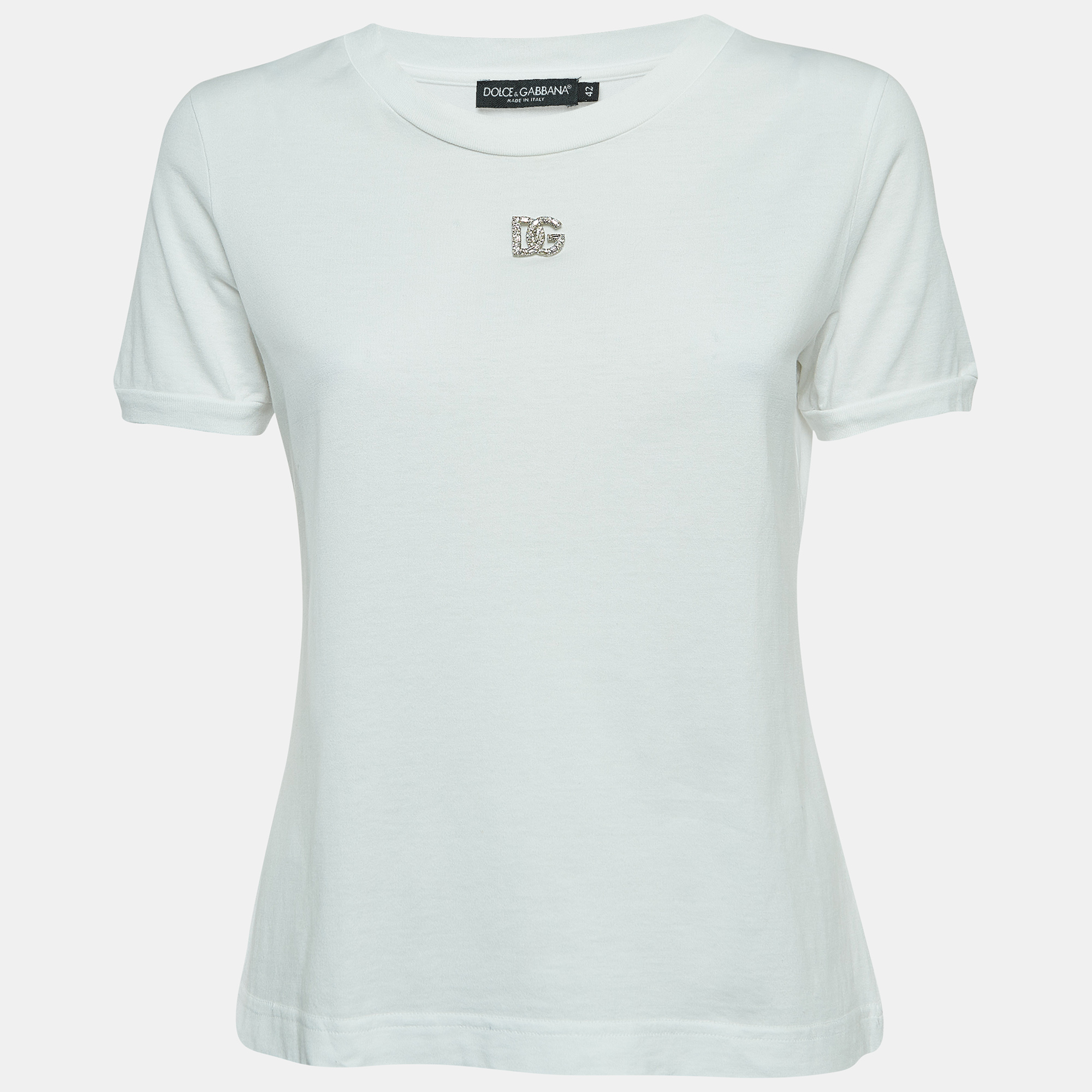 Dolce & Gabbana White Cotton Crystal Embellished Logo T-Shirt M