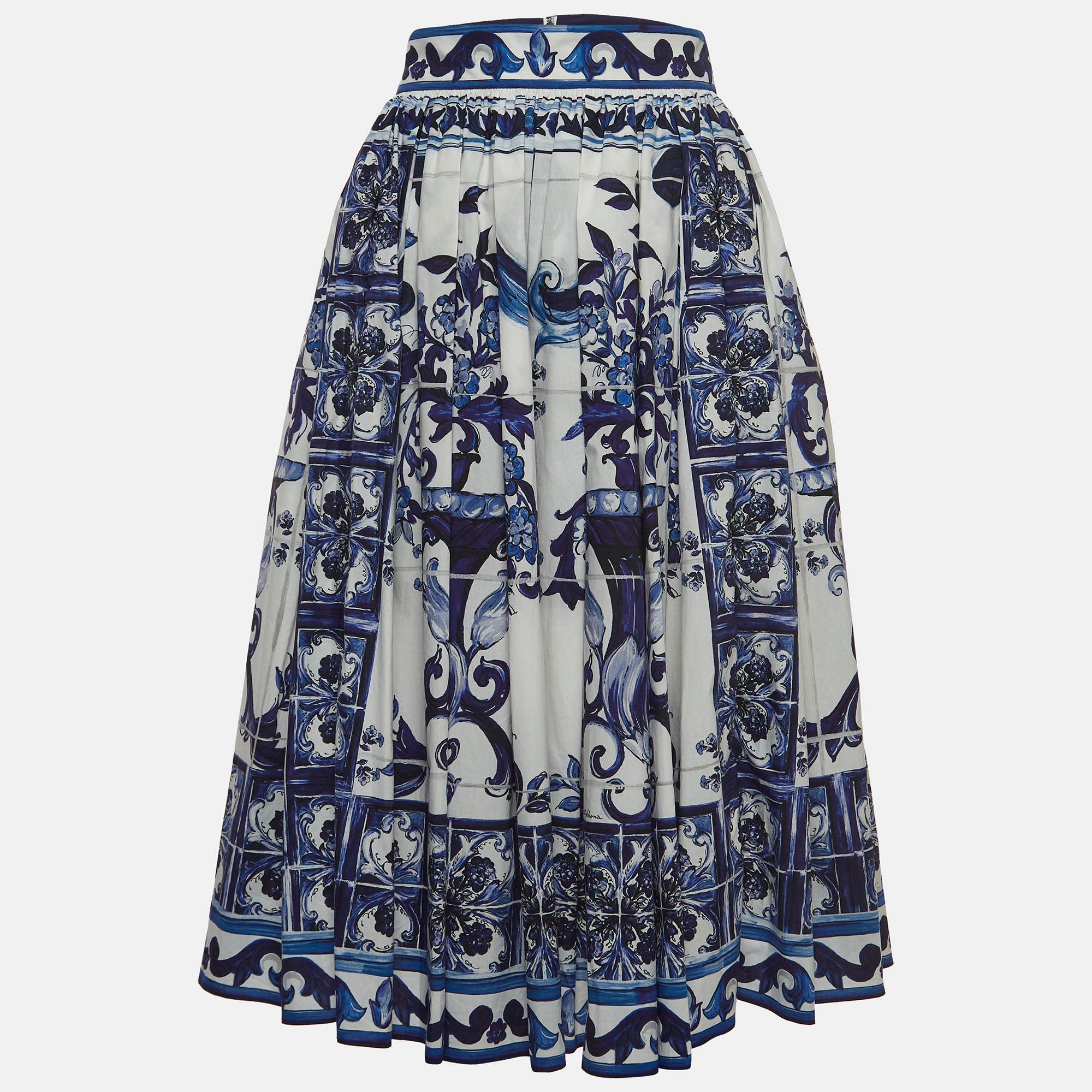 Dolce & Gabbana White/Blue Majolica Print Cotton Poplin Midi Skirt M