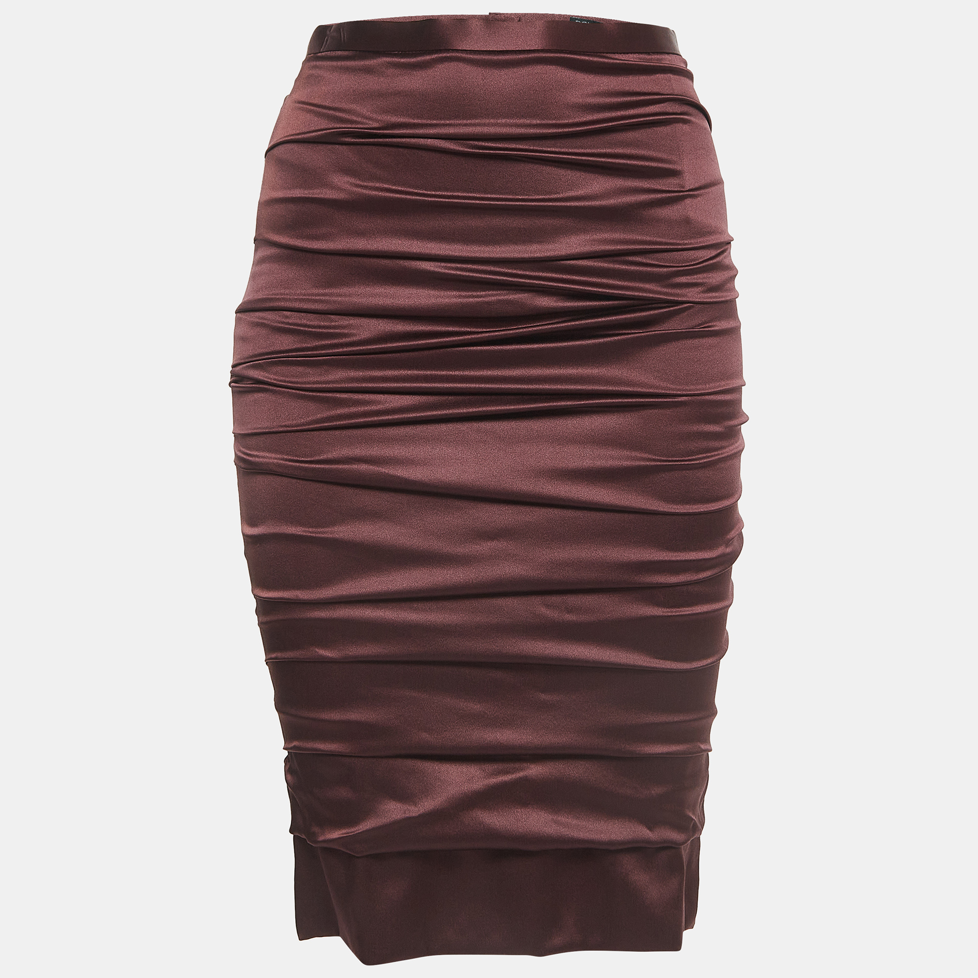 Dolce & Gabbana Burgundy Satin Silk Ruched Midi Skirt S