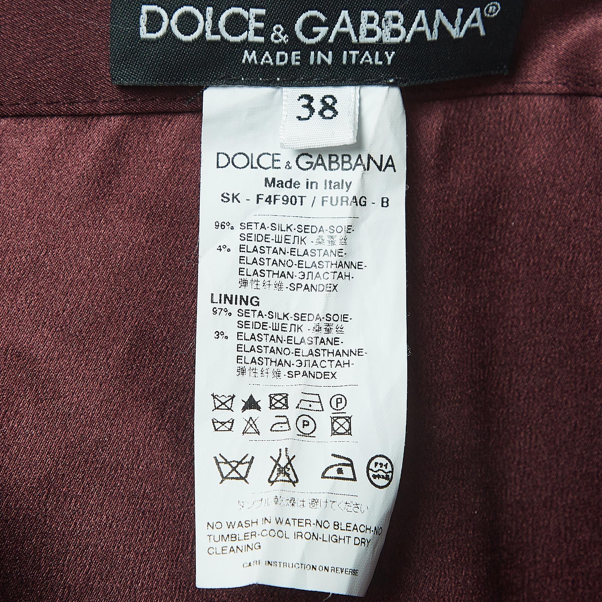 Dolce & Gabbana Burgundy Satin Silk Ruched Midi Skirt S