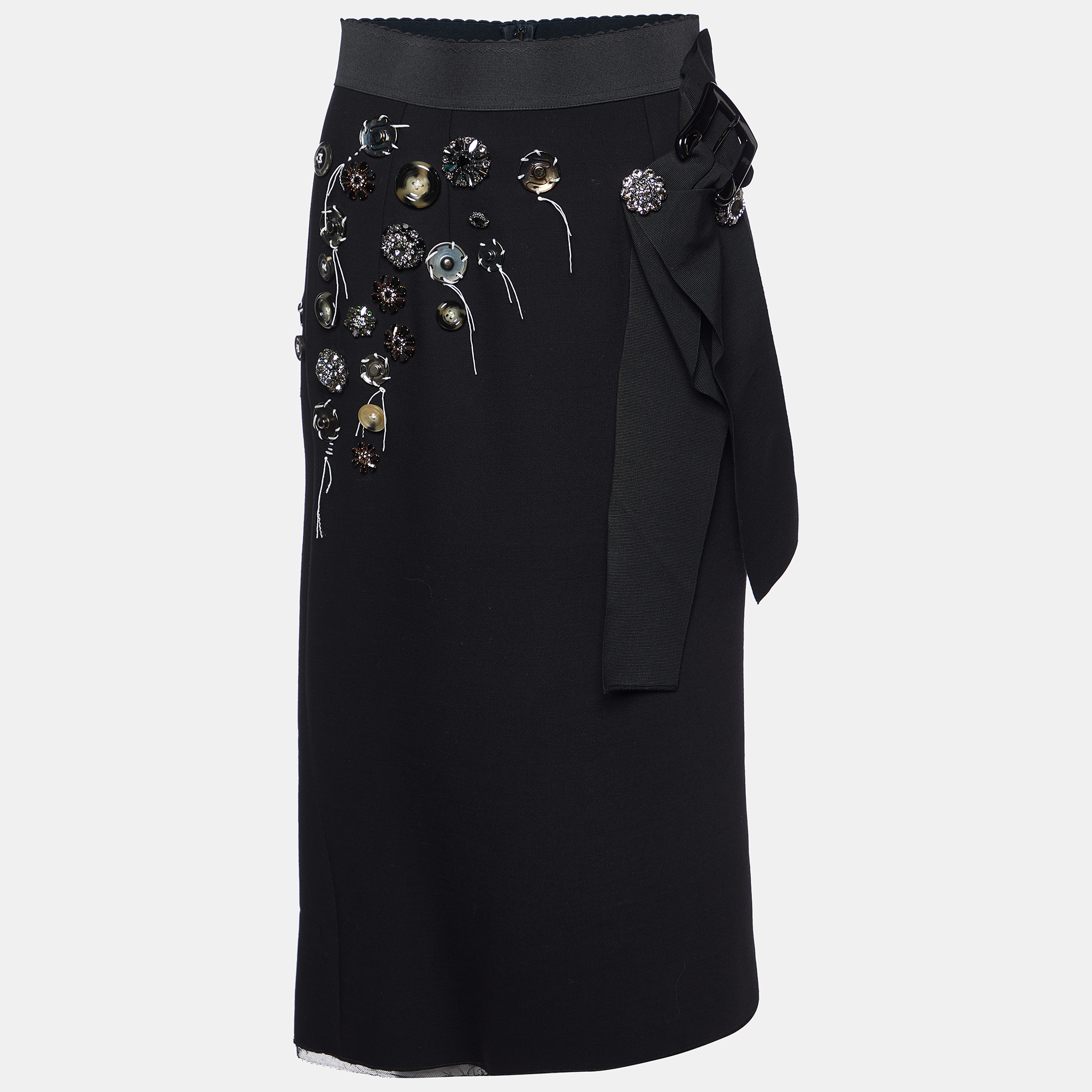 Dolce & Gabbana Black Wool Embellished Flute Hem Skirt S