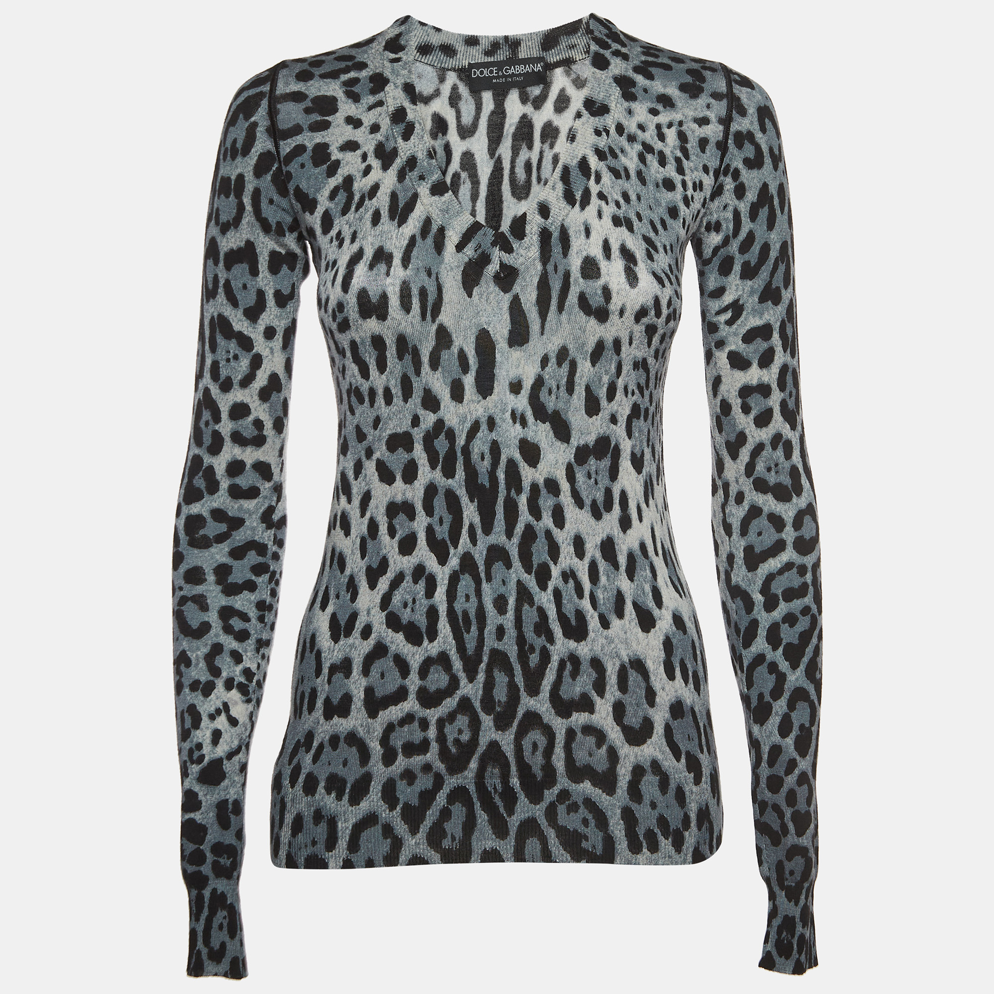 Dolce & Gabbana Blue Leopard Print Cashmere V-Neck Sweater S