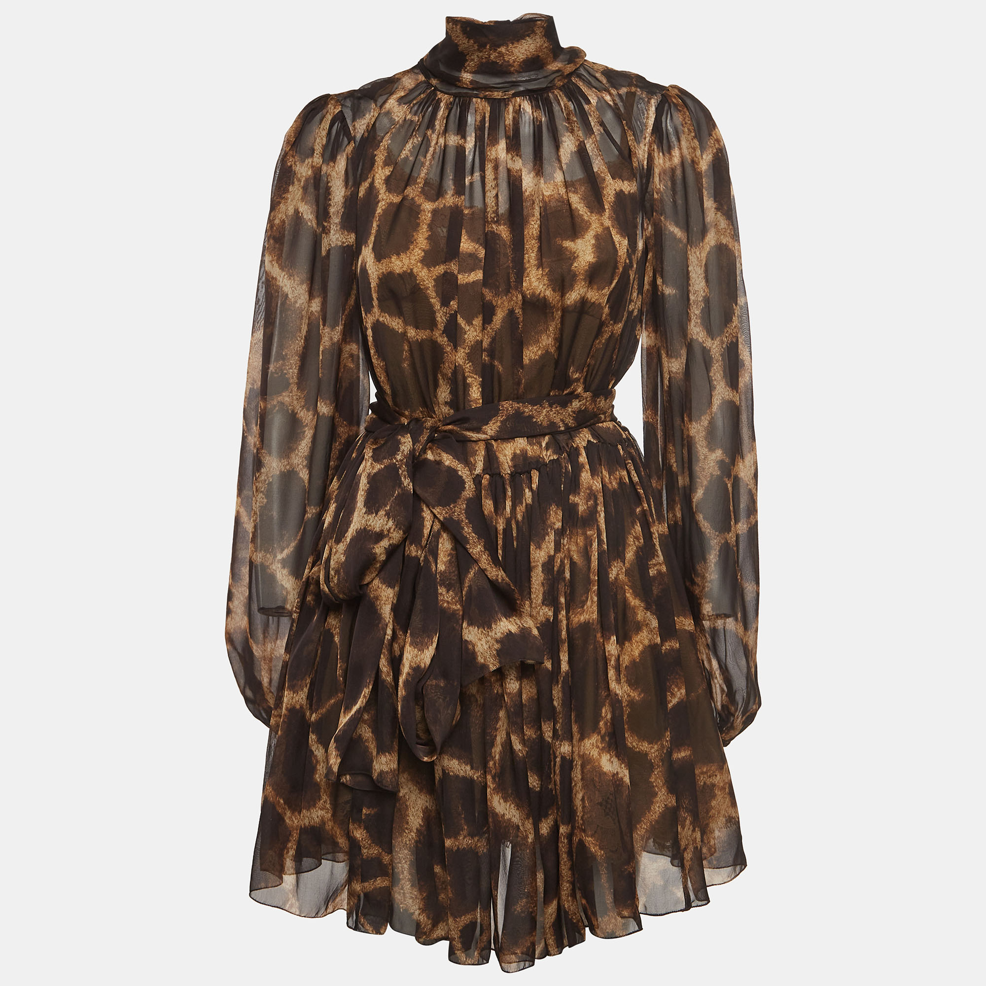 Dolce & Gabbana Brown Animal Print Silk Tie-Up Detail Mini Dress M