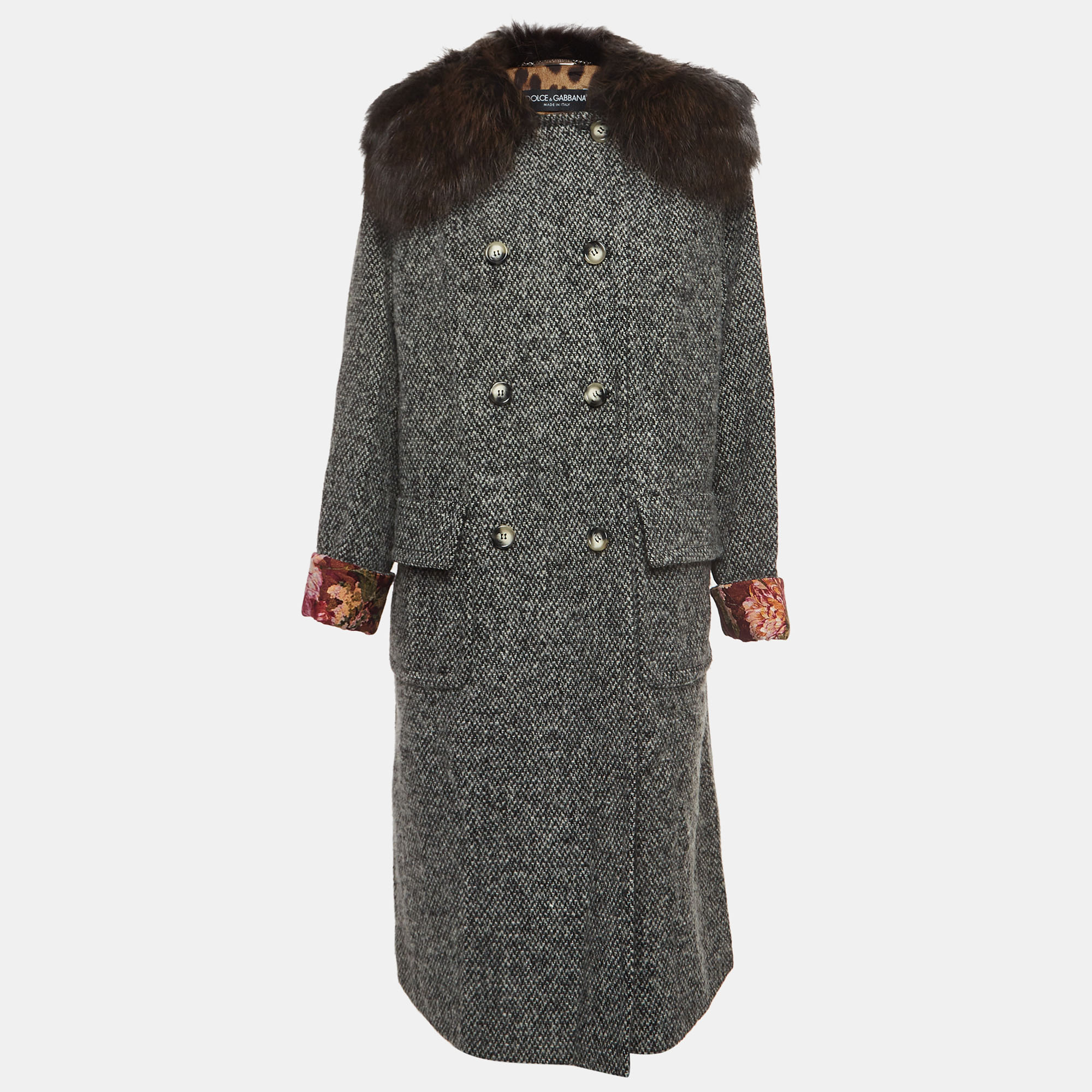 Dolce & Gabbana Grey Wool Blend And Fur Double Breasted Long Coat M