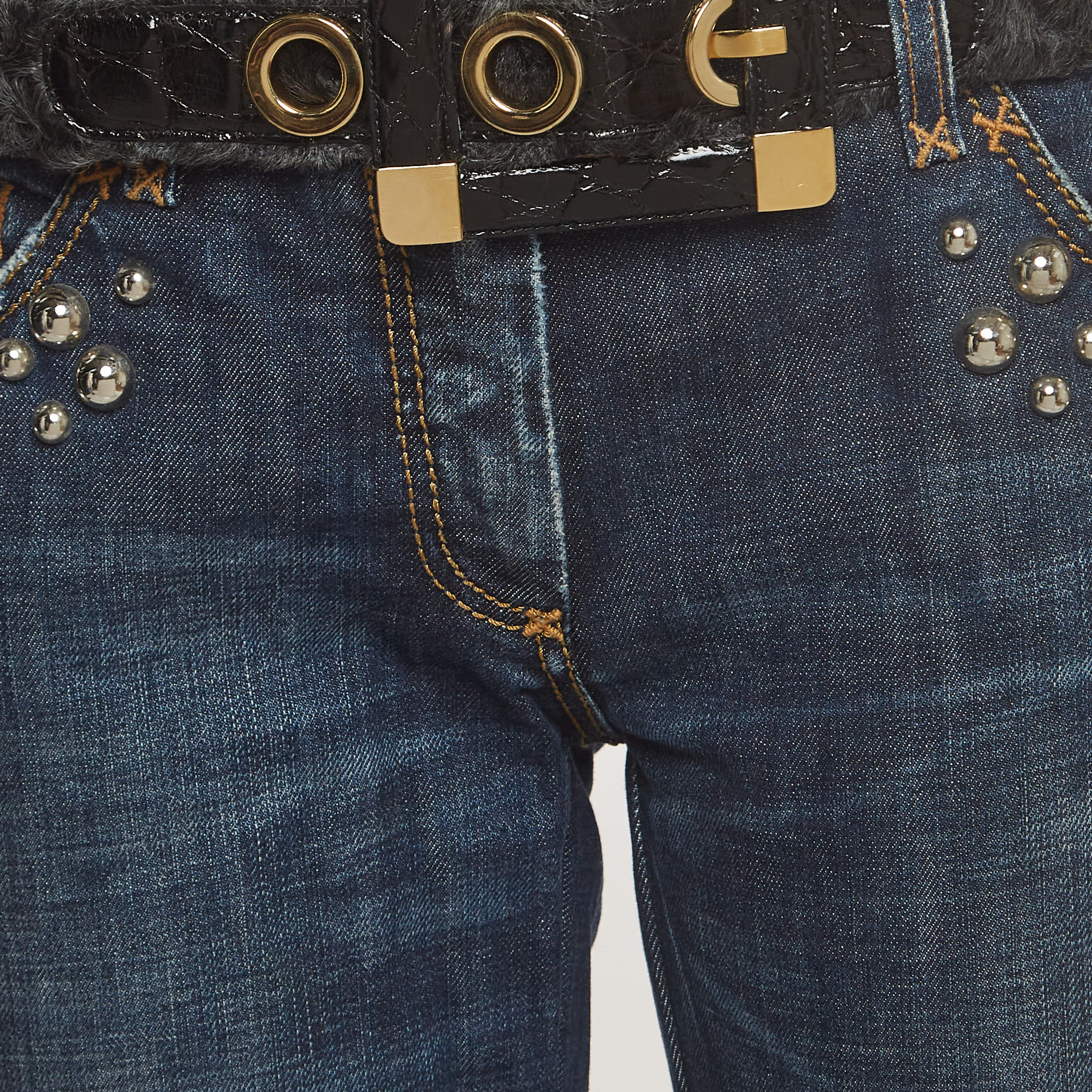 Dolce & Gabbana Blue Denim And Fur Studded Detail Jeans M Waist 34''