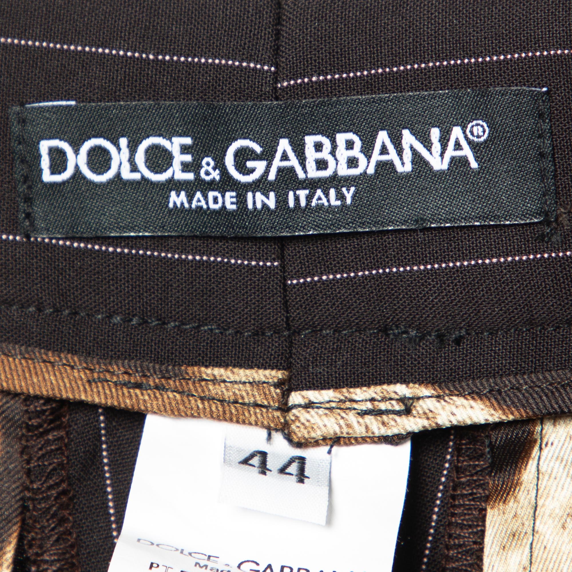 Dolce & Gabbana Brown Pinstriped Wool Wide Leg Trousers M