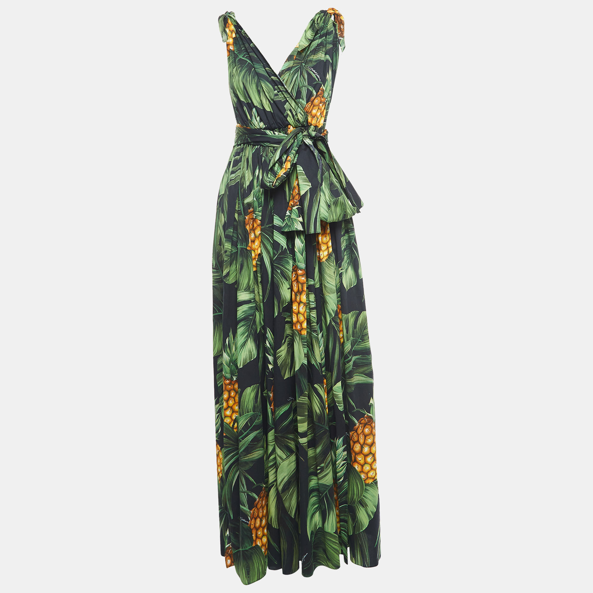 

Dolce & Gabbana Green Tropical Print Cotton High Slit Maxi Dress