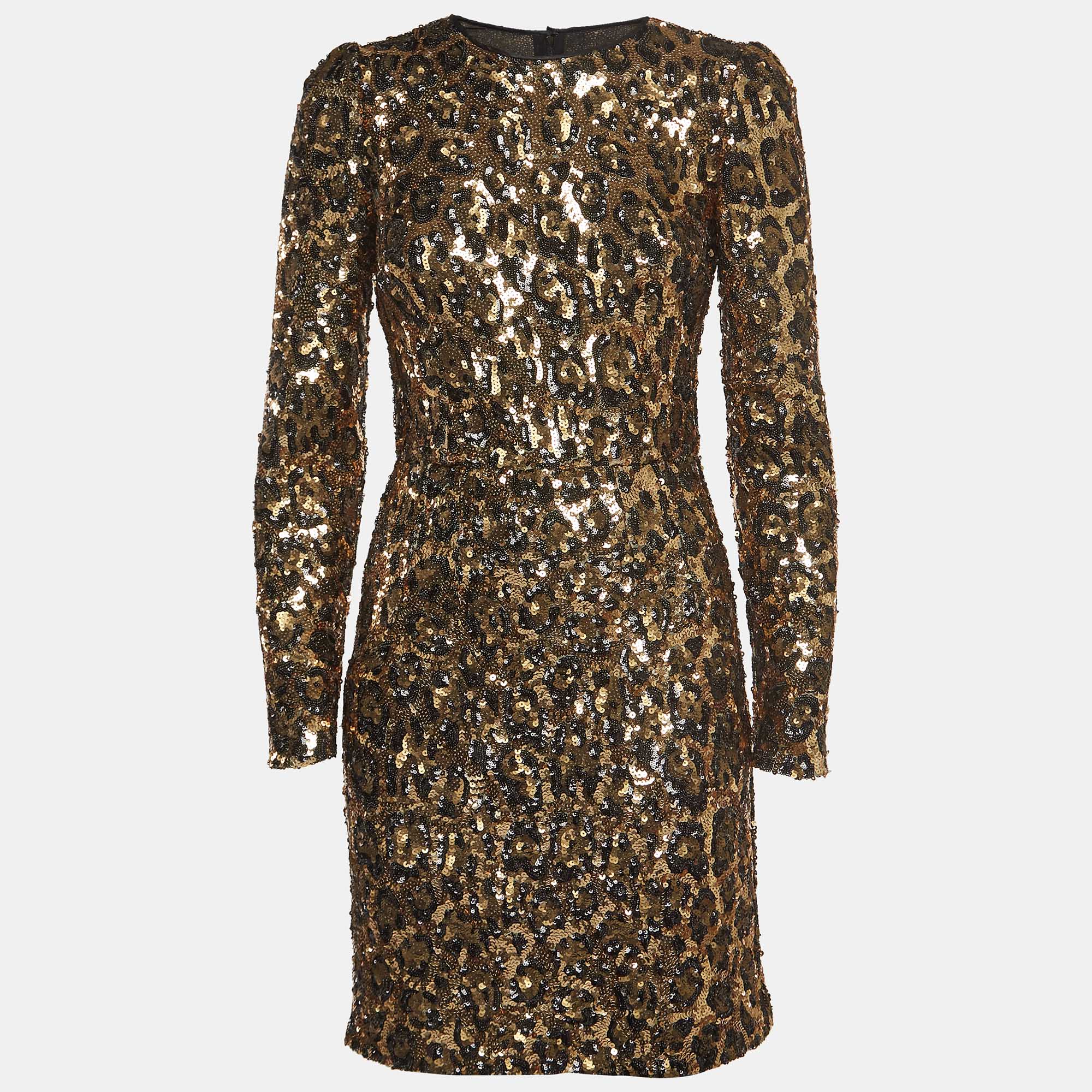 Dolce & gabbana gold/black leopard sequined mini dress s