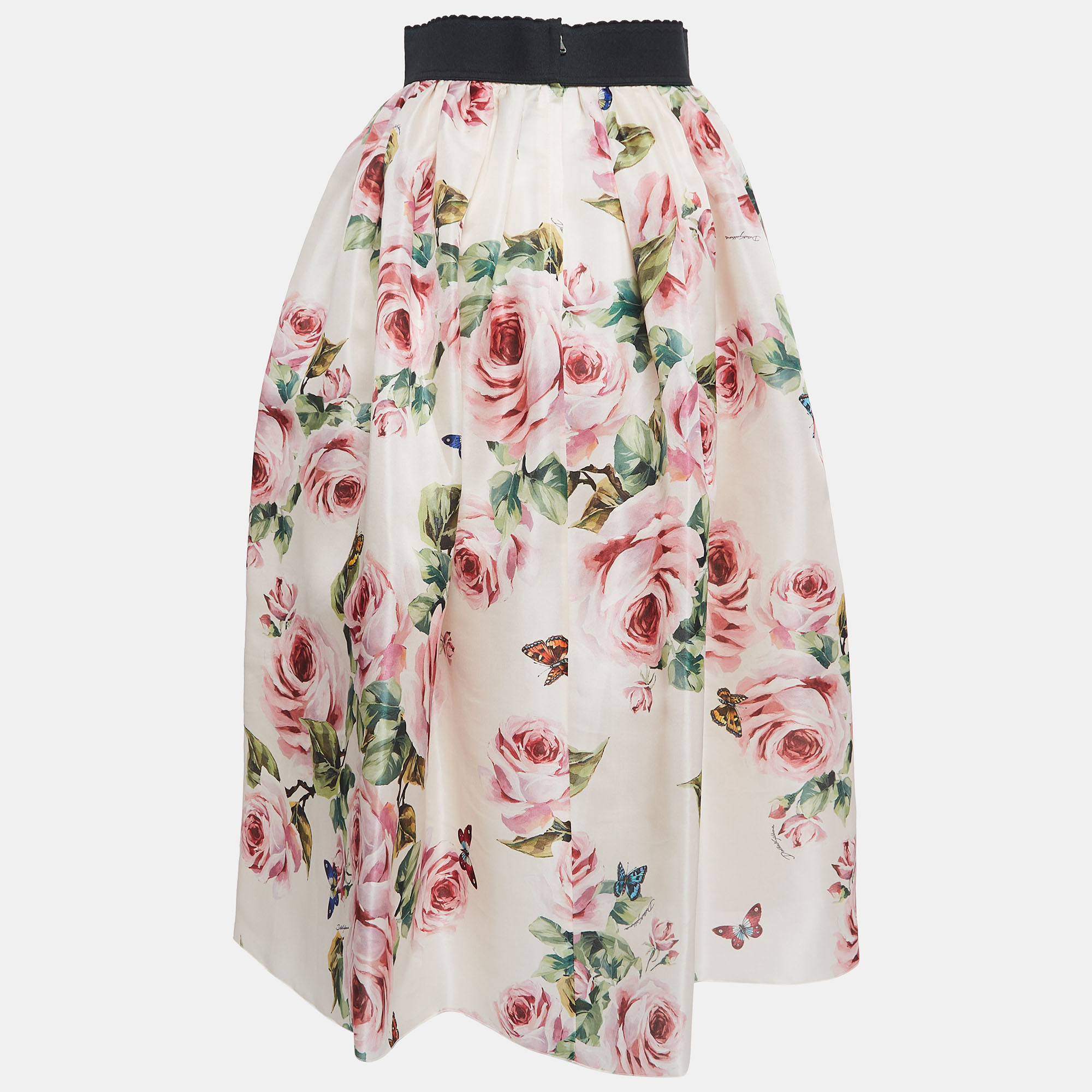 

Dolce & Gabbana Pink Rose Print Silk Gathered Midi Skirt