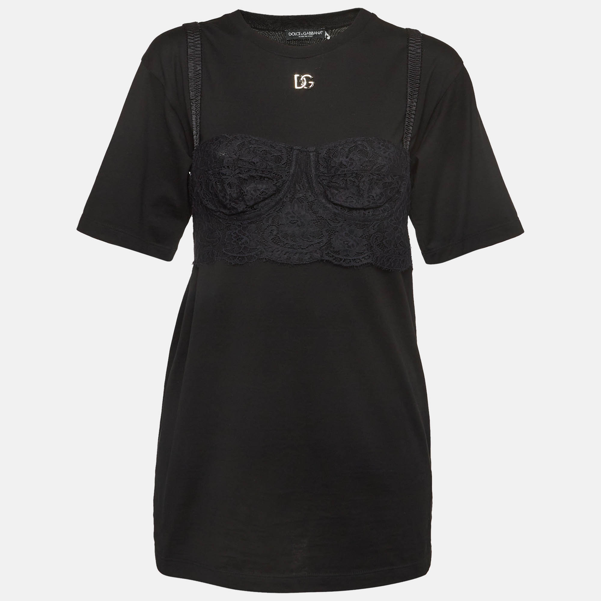 Dolce & gabbana black cotton knit lace bralette detail t-shirt s