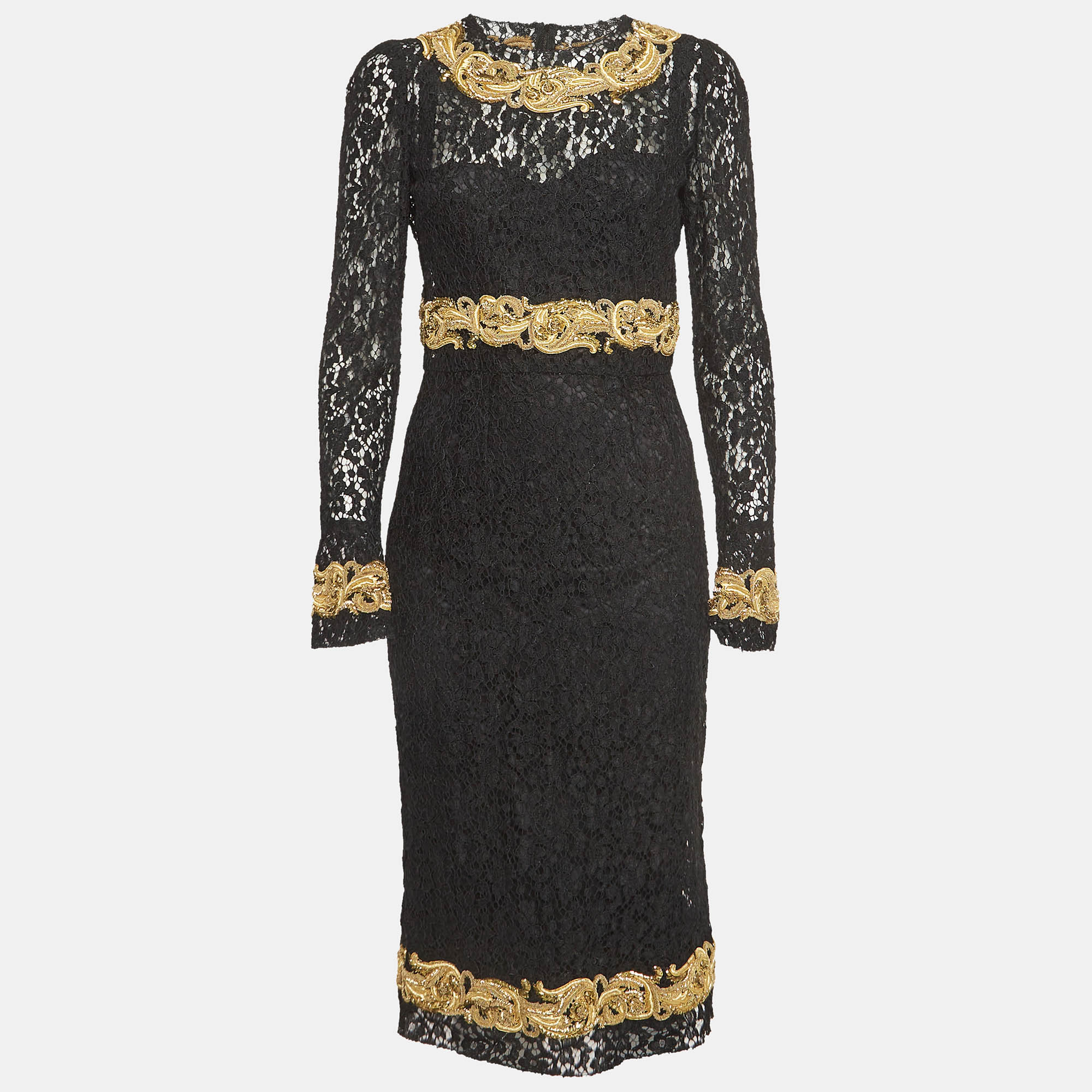 Dolce & gabbana black baroque goldwork lace long sleeve midi dress m