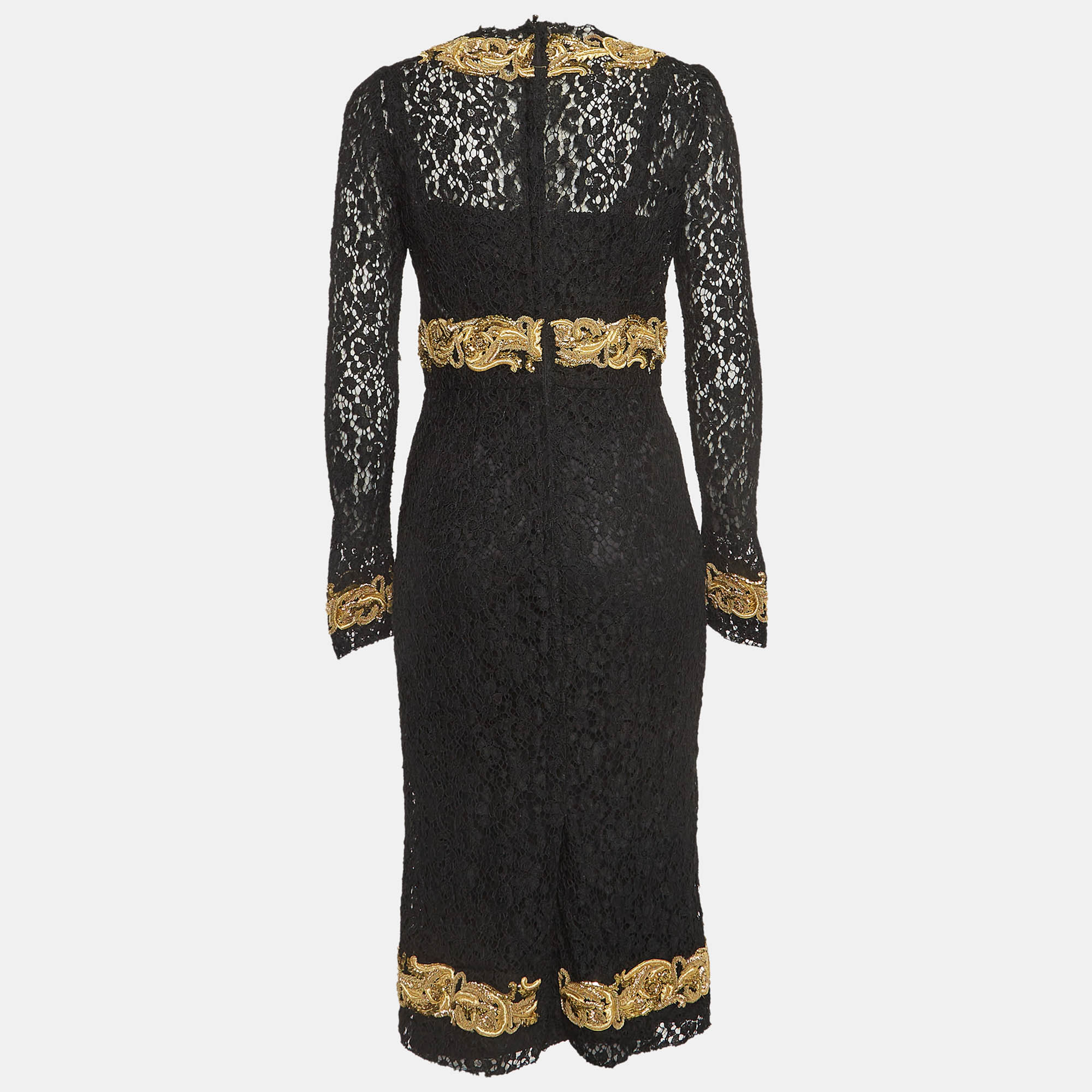 Dolce & Gabbana Black Baroque Goldwork Lace Long Sleeve Midi Dress M