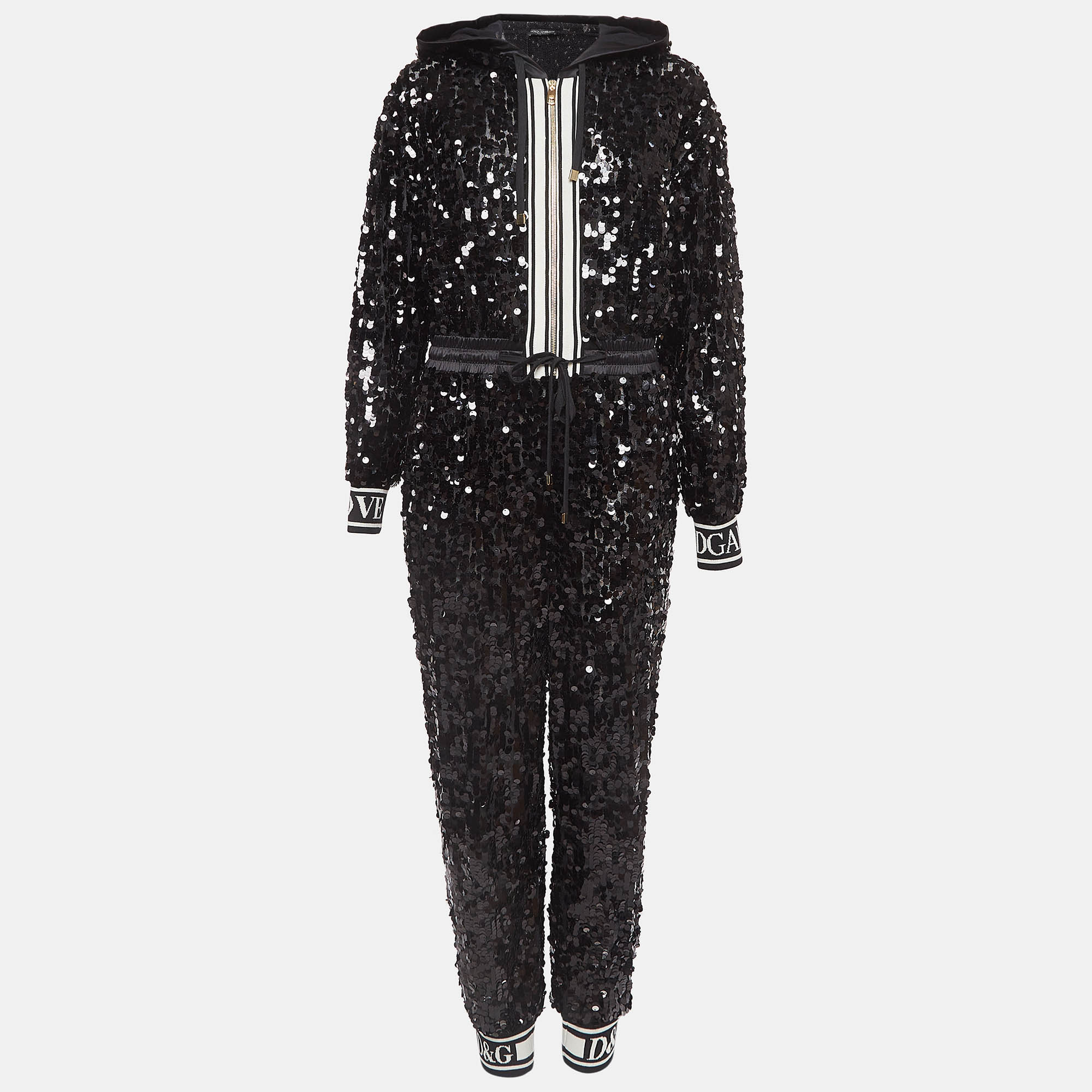 Dolce & gabbana black sequin and mesh hooded jumpsuit s