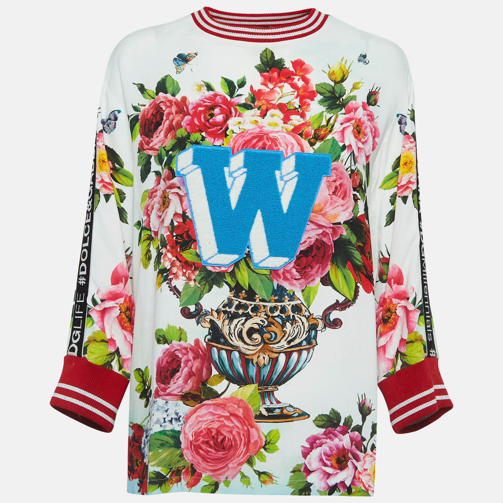 

Dolce & Gabbana Off White Floral Print Crepe Applique Detail Sweatshirt S