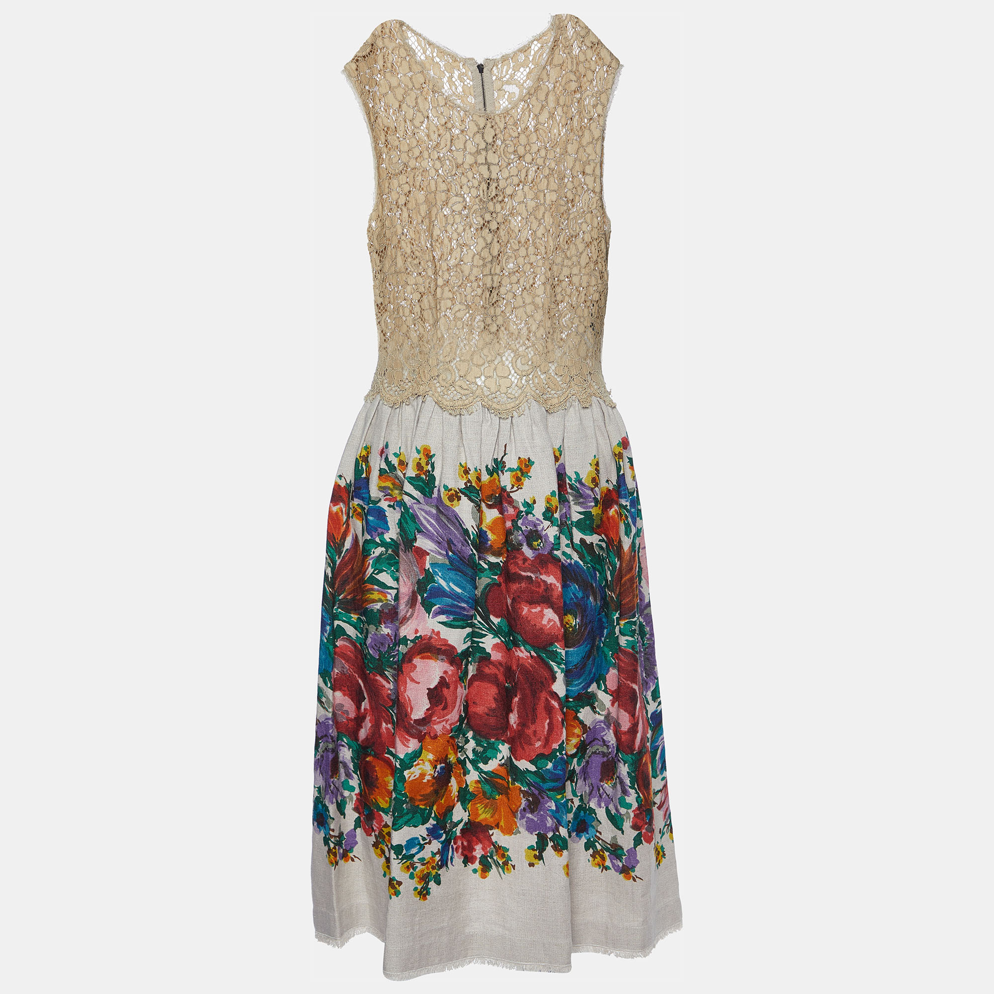 Dolce & gabbana beige floral print linen & lace sleeveless dress m