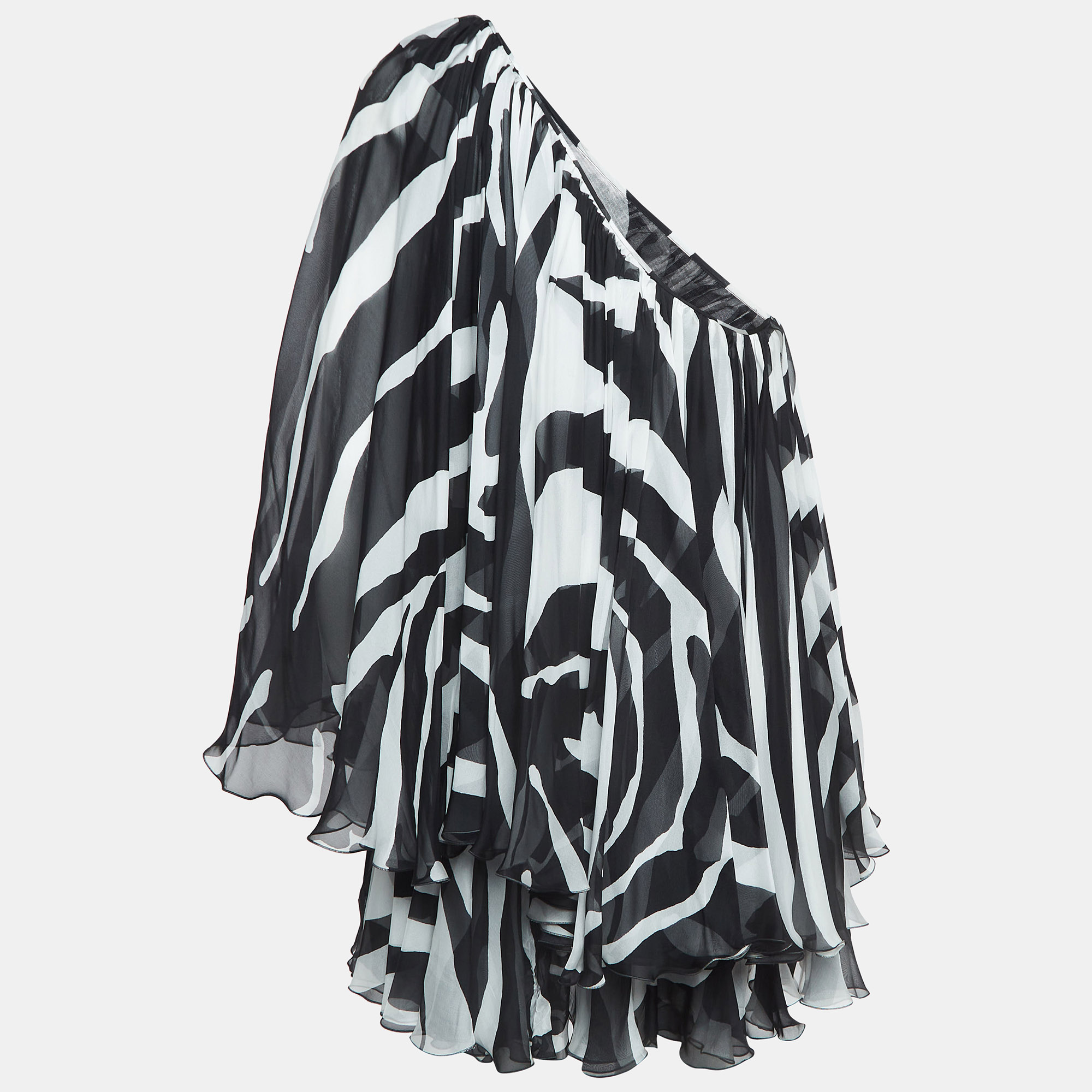 

Dolce & Gabbana Black/White Zebra Print Chiffon Silk One Shoulder Dress